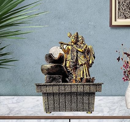Whitecloud TRANSFORMING HOMES Elegant Radha and Krishna Home Indoor Fountain Show Piece Living Room Waterfall Decorative Item with Mini Water Pump Polystone Multicolor (1729) 12.5x12.5x18cm