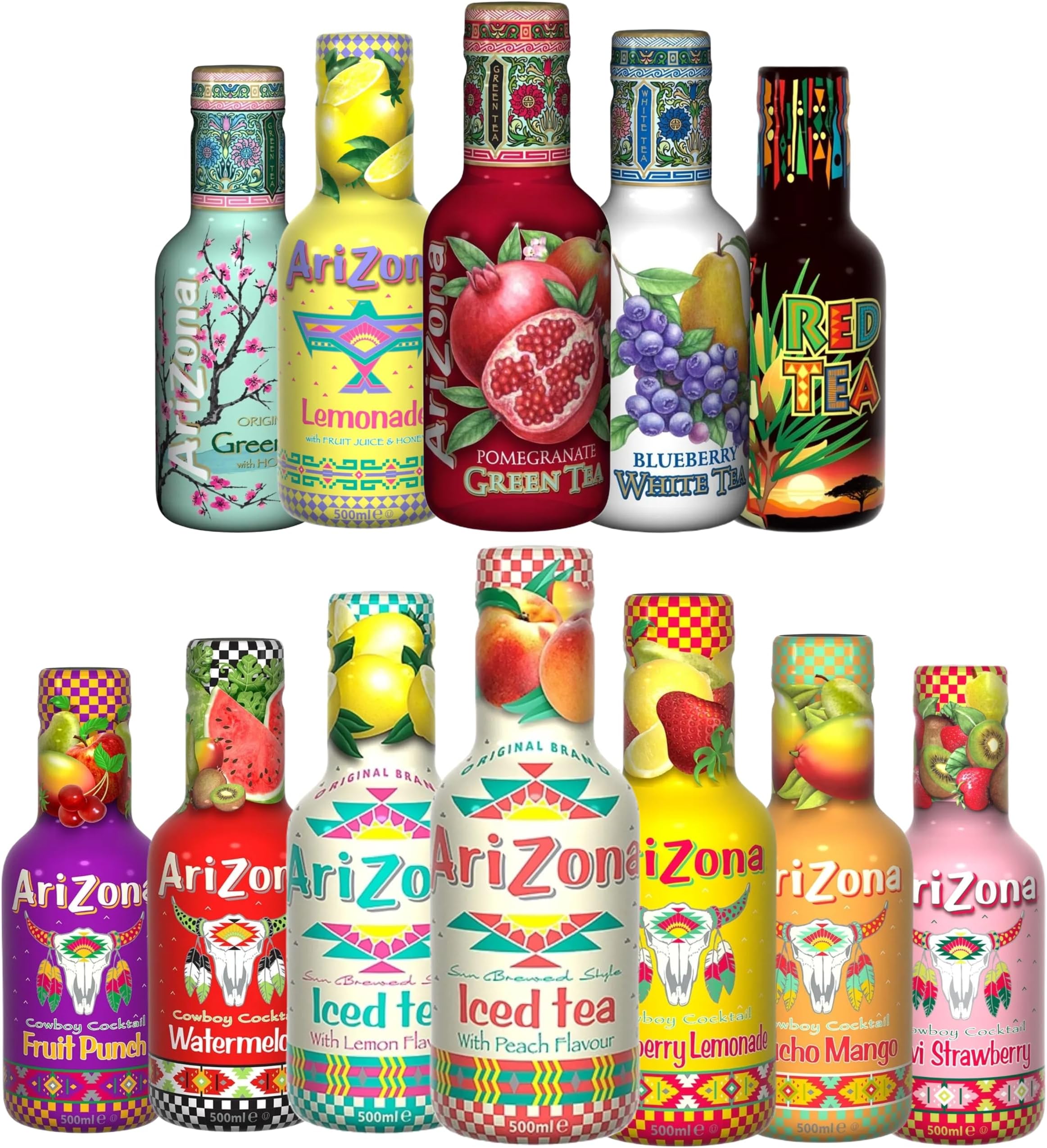 2 x (500ml each) Arizona Tea Pick N Mix - Choose From 5+ Flavours | Blueberry White Tea, Fruit Punch, Kiwi Strawberry, Watermelon, Suitable Tea Gift Set for Tea Lover