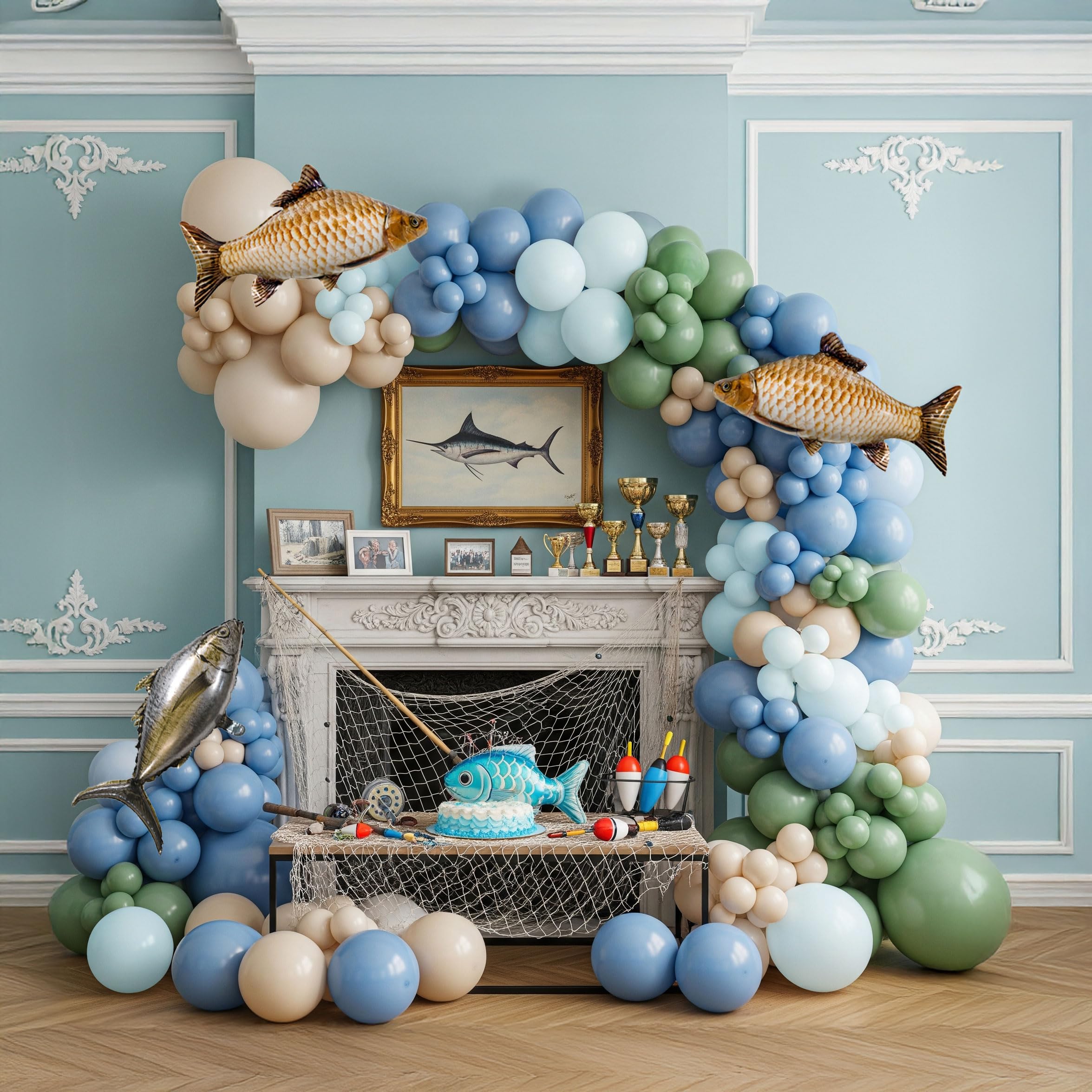 Gone Fishing Balloon Garland Arch Kit - Blue Green White FishermanTheme Birthday Balloons with Giant Fish Foil Balloons