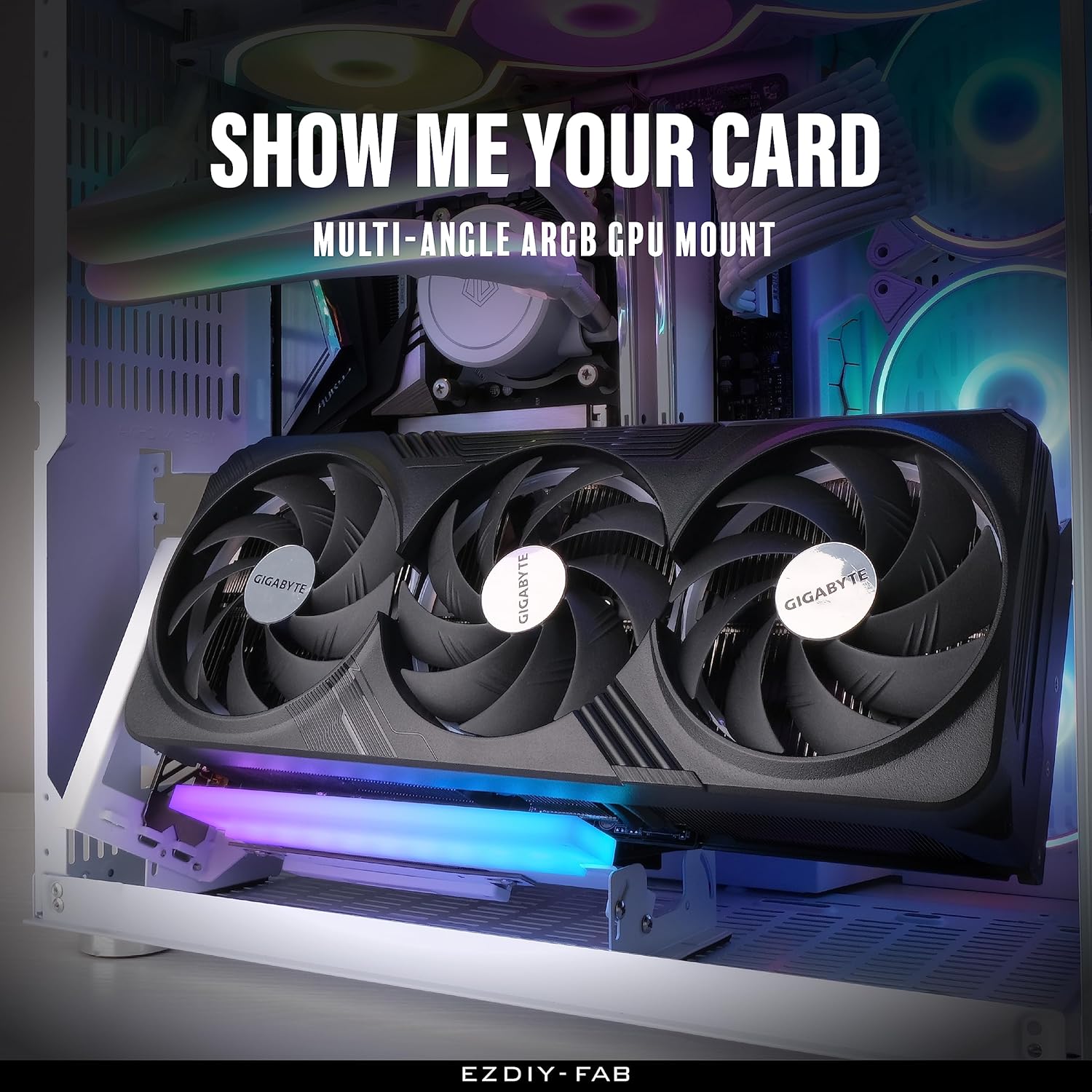 EZDIY-FAB PCIe 4.0 GPU Mount Bracket with ARGB LED Module, Multi-Angle Adjustment with All White Riser Cable, Compatible to RTX4090, 4080, 4070ti - White