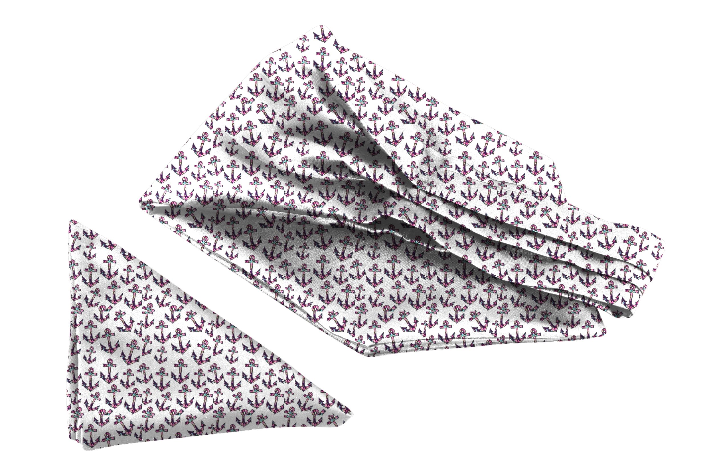 BLACKSMITHWhite Anchor Printed Satin Neckwear Ascot and Matching Pocket Square Set for Men