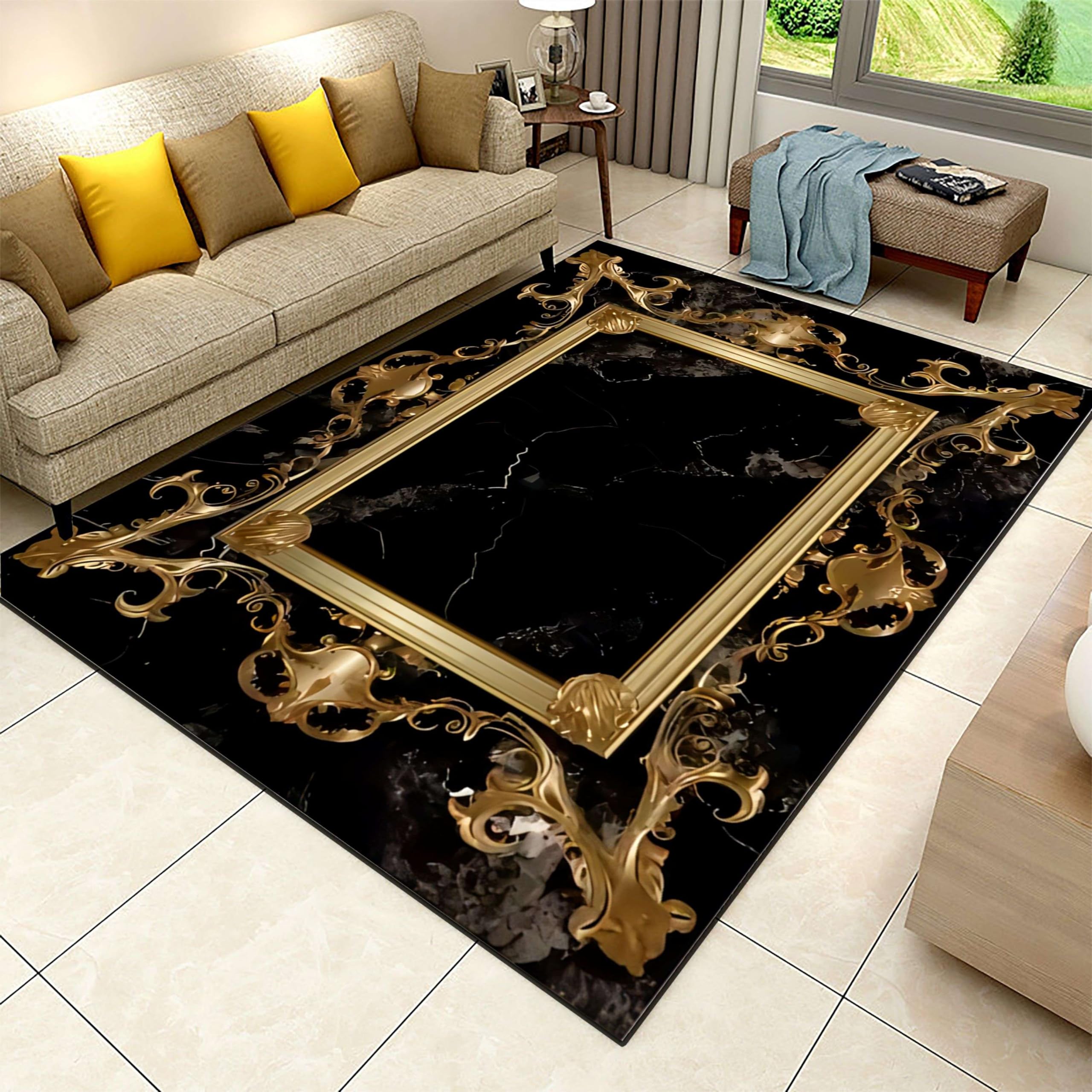 LHOMKCV Black Gold Marble Area Rug,4x6ft,Black Marble with Gold Border Accent Rug, Vintage Art Flannel Indoor Rugs, Washable Throw Rug with Non-Slip