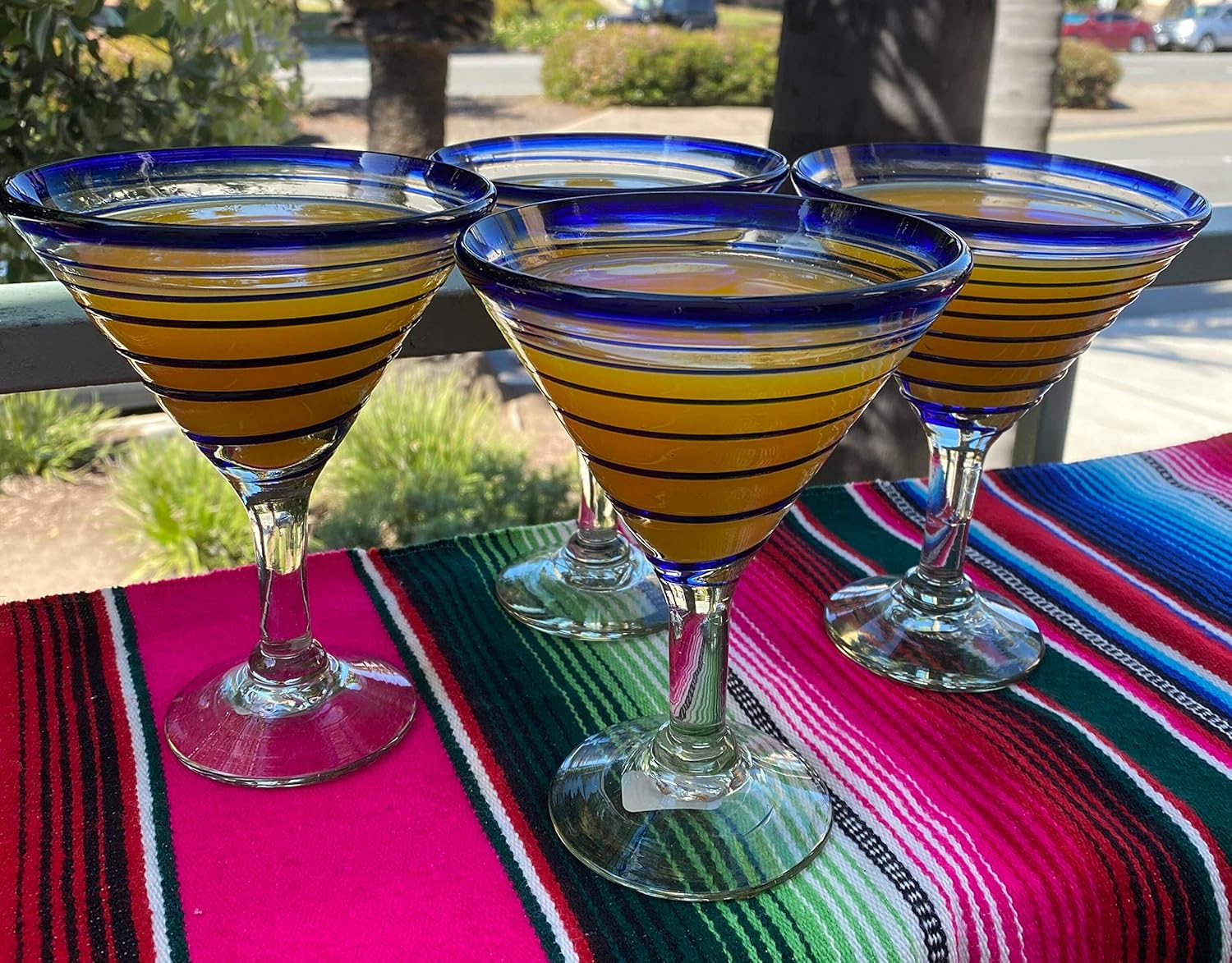 Mexican Hand Blown Glass – Set of 4 Hand Blown Modern Margarita Glasses - Blue Spiral (12 oz)