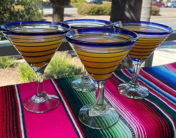 Mexican Hand Blown Glass Set of 4 Hand Blown Modern Margarita Glasses - Blue Spiral (12 oz)