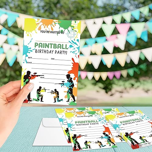 Miniatura 4 de Paintball - Tarjetas de invitación para fiesta de cumpleaños, 20 invitaciones de doble cara con sobres, suministros blancos de fiesta de batalla