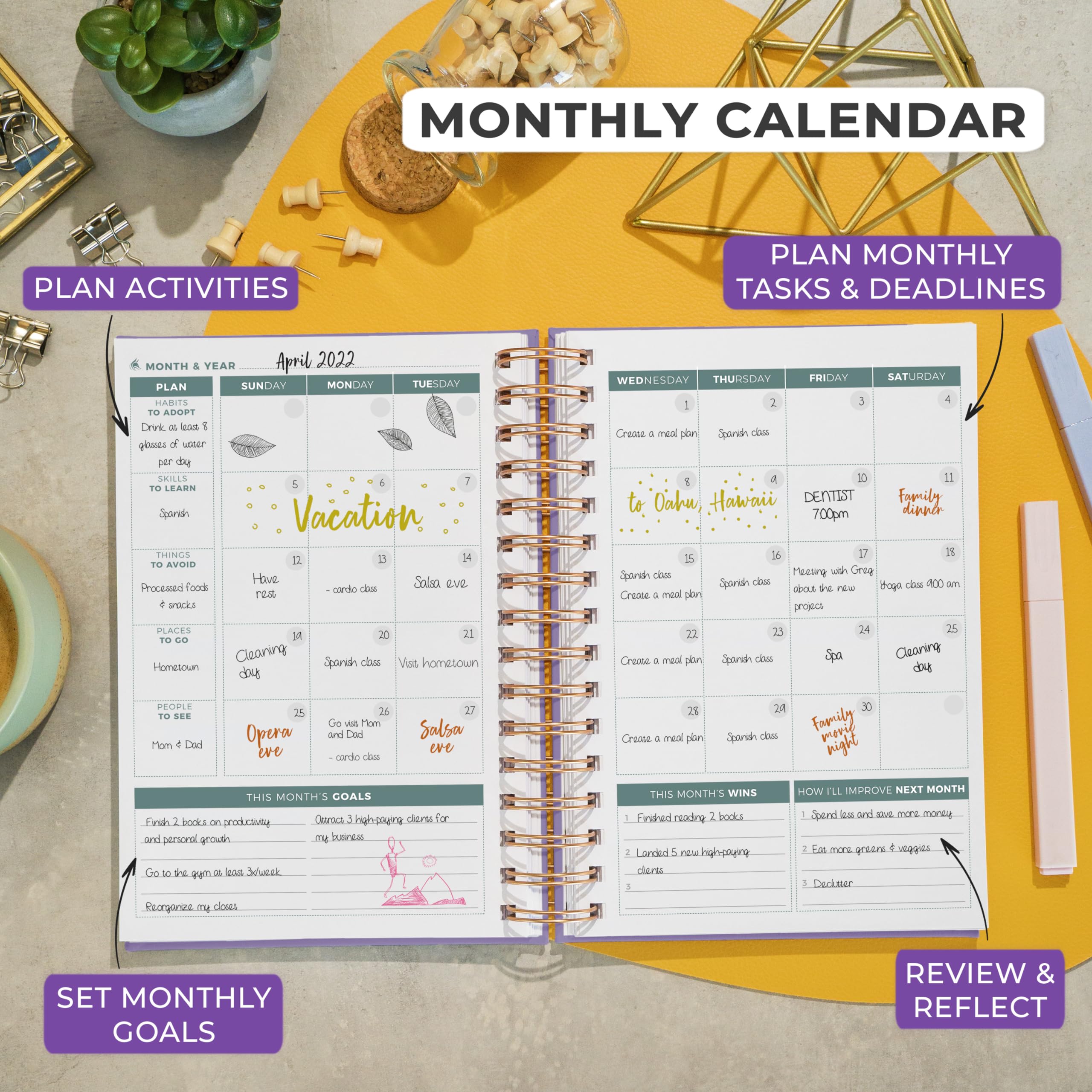 Clever Fox Planner 2a edizione a spirale – Pianificatore settimanale e mensile per obiettivi colorati, gestione del tempo e produttività, senza data (lavanda)