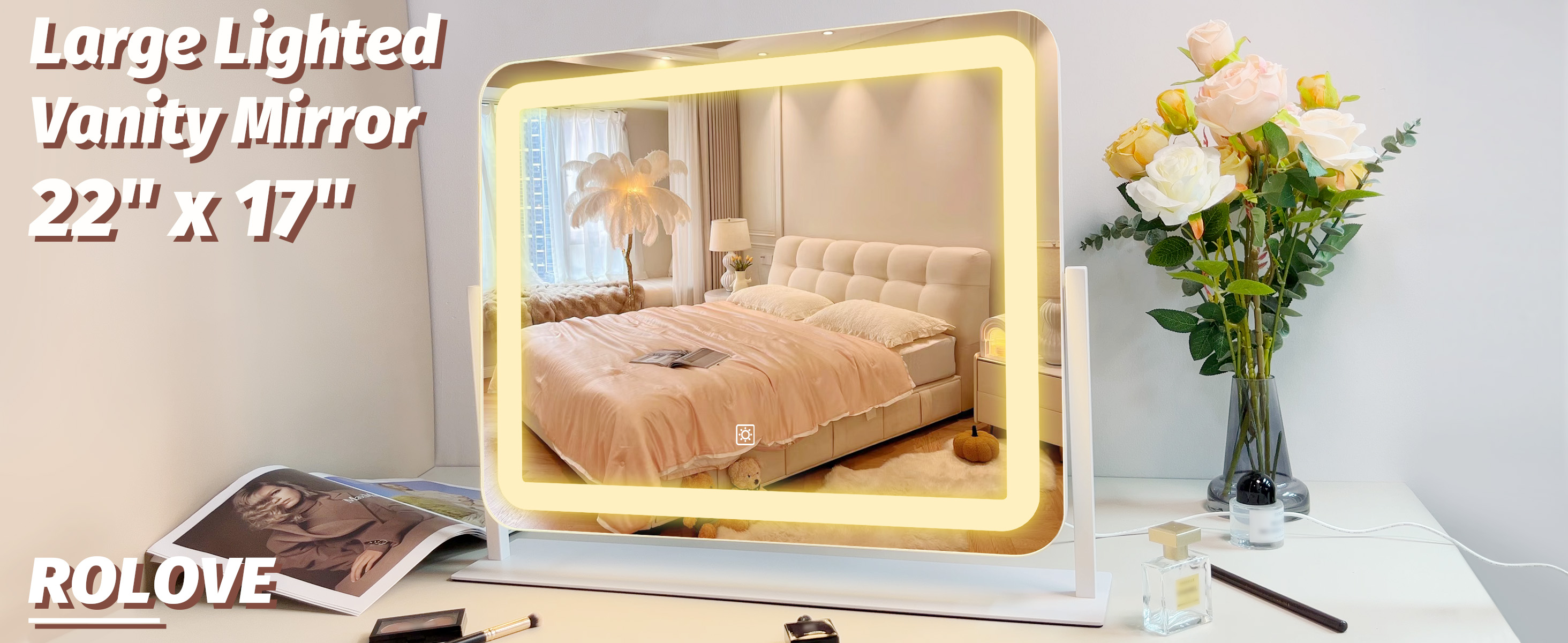 ROLOVE 22x17 Inch Lighted Vanity Mirror - Dimmable LED Lights, 3 Color Modes, Touch Control & 360° Rotating Base - View #2
