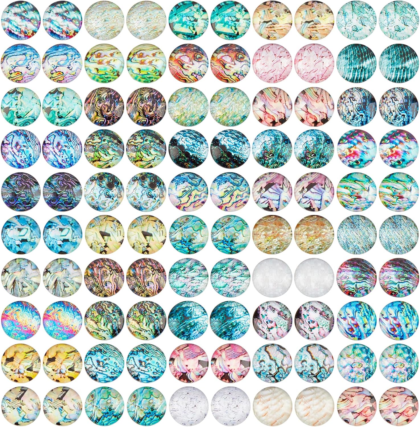 PH PandaHall 100pcs 12mm Glass Cabochons, Mixed Abstract Shell Tiles Ocean Seaside Cabochons Seashell Mosaic Printed Picture Tile Half Round Dome Cabochons for Christmas Necklace Jewelry Making