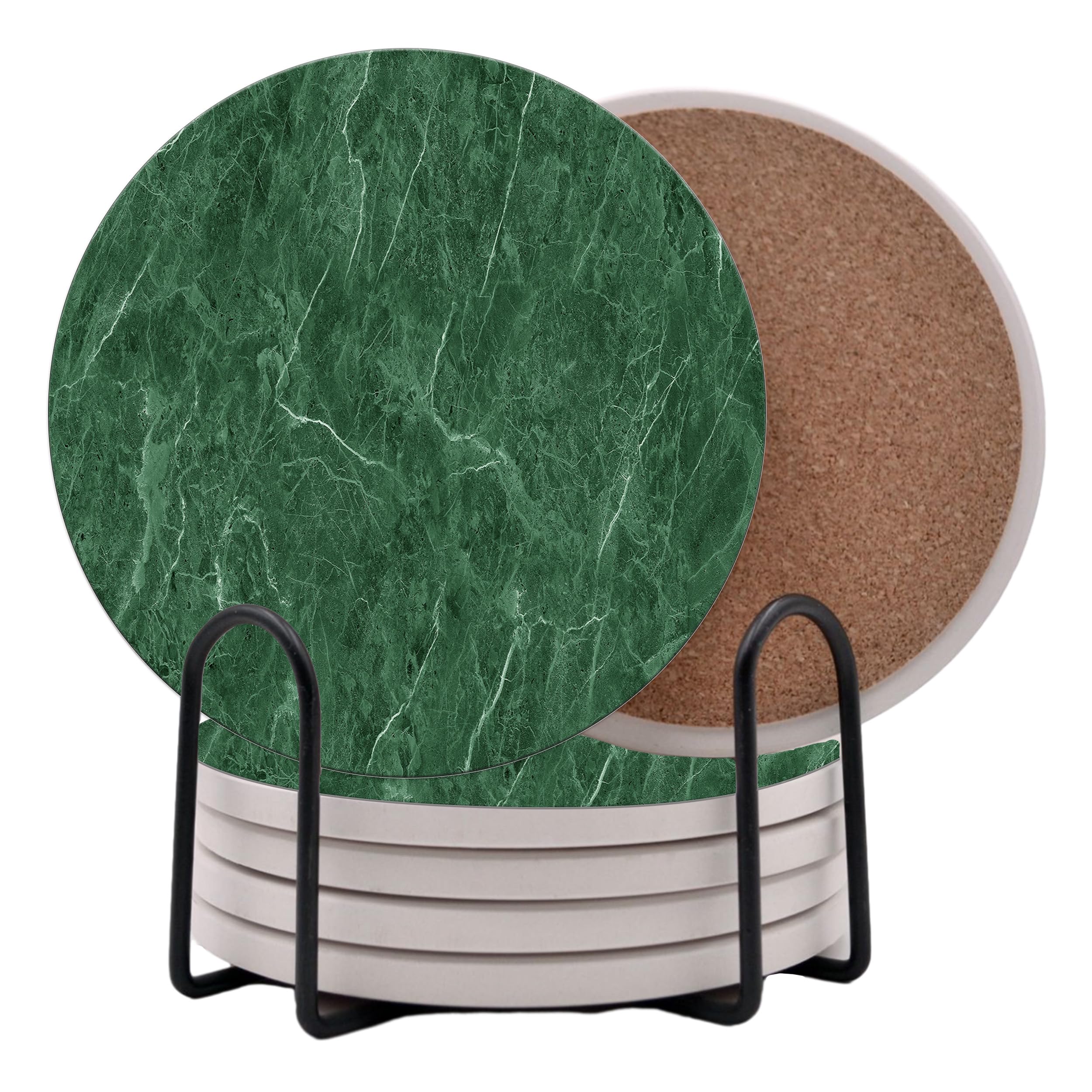 Dark Green Marble Round Coasters Set of 6 - Abosrbent Ceramic Coasters with Metal Stand for Drinks, Coffee, Non-Slip Cork Back for Tabletop Protection, 4 Inches Marbled Pattern (Green)