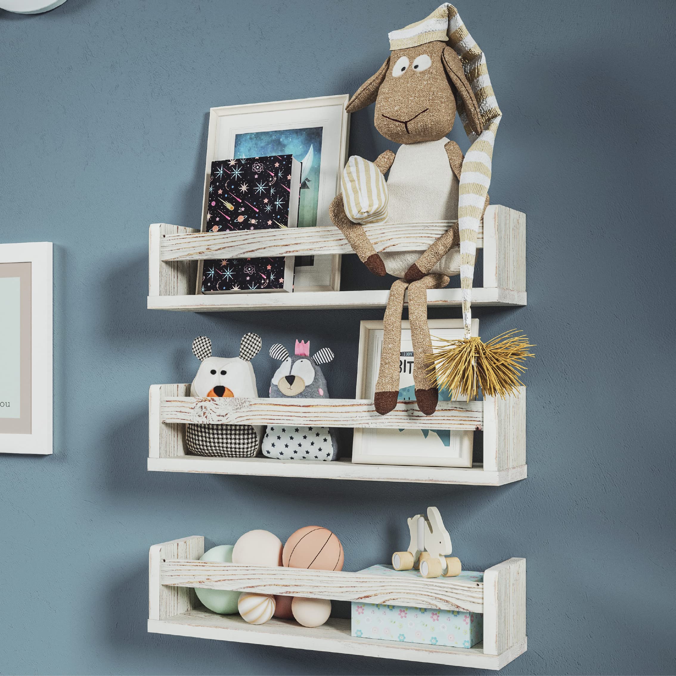 NATURE SUPPLIES Set of 3 White Nursery Room Shelves - Solid Wood Ideal for Books, Toys and Decor (Whitewashed Grey)