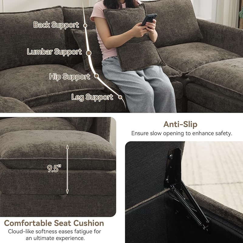 80" Cloud Modular 3 Seater Sofa with Storage Ottoman, Modern Upholstered Storage Sofa Couch Deep Seat, L Shape Sectional Sofa Chenille Comfy Couch with Armrests for Living Room, Small Space, Brown image 4
