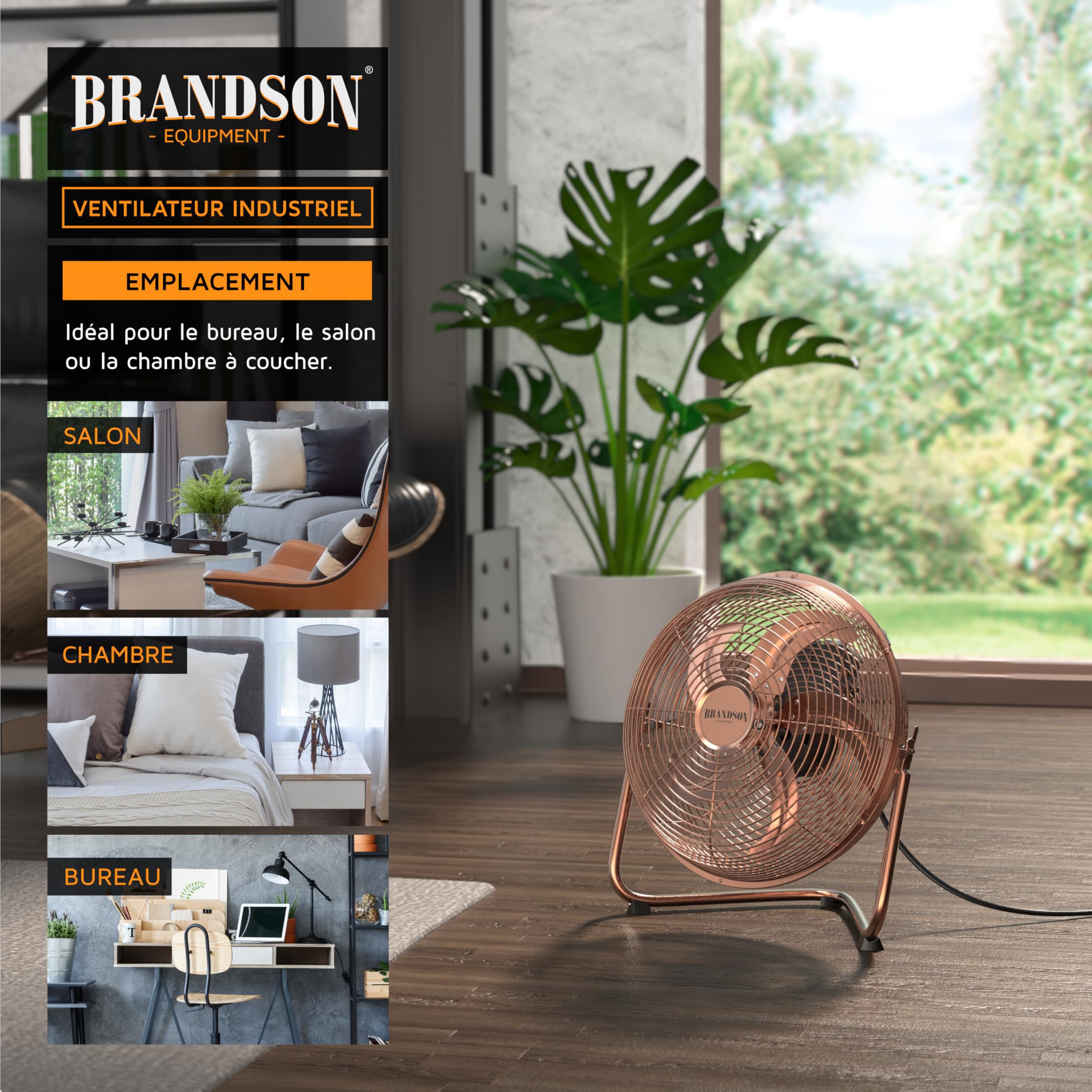 Brandson Ventilateur de Sol Design Rétro sur Pied de 30 cm - Métallique 3 Vitesses (Faible, Moyenne, Haute) - Débit d'air Élevé - Inclinable à 120° - Cuivré