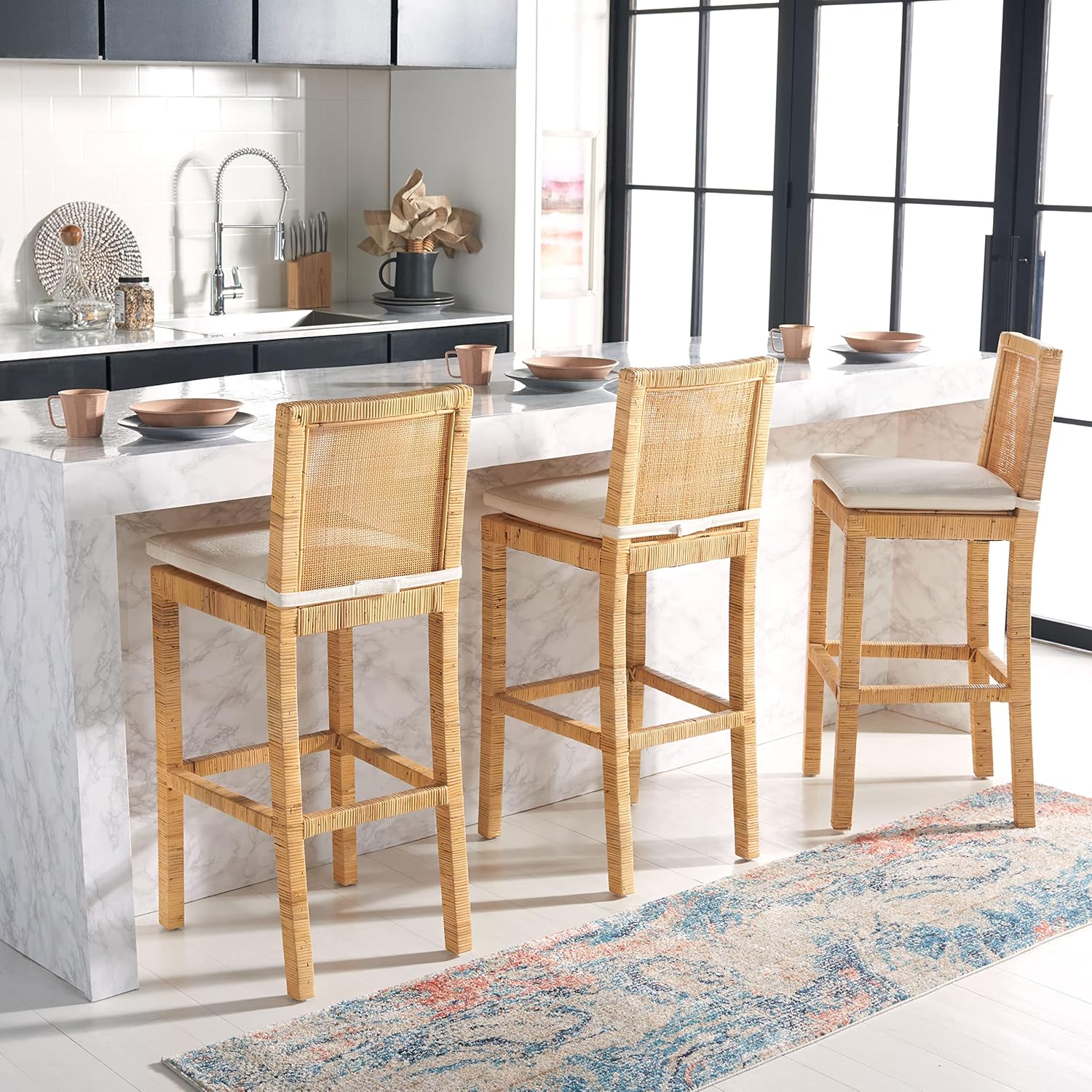 SAFAVIEH Home Collection Tojo Natural Cane/White Solid Wood 30-inch Bar Stool with Cushion (Fully Assembled)
