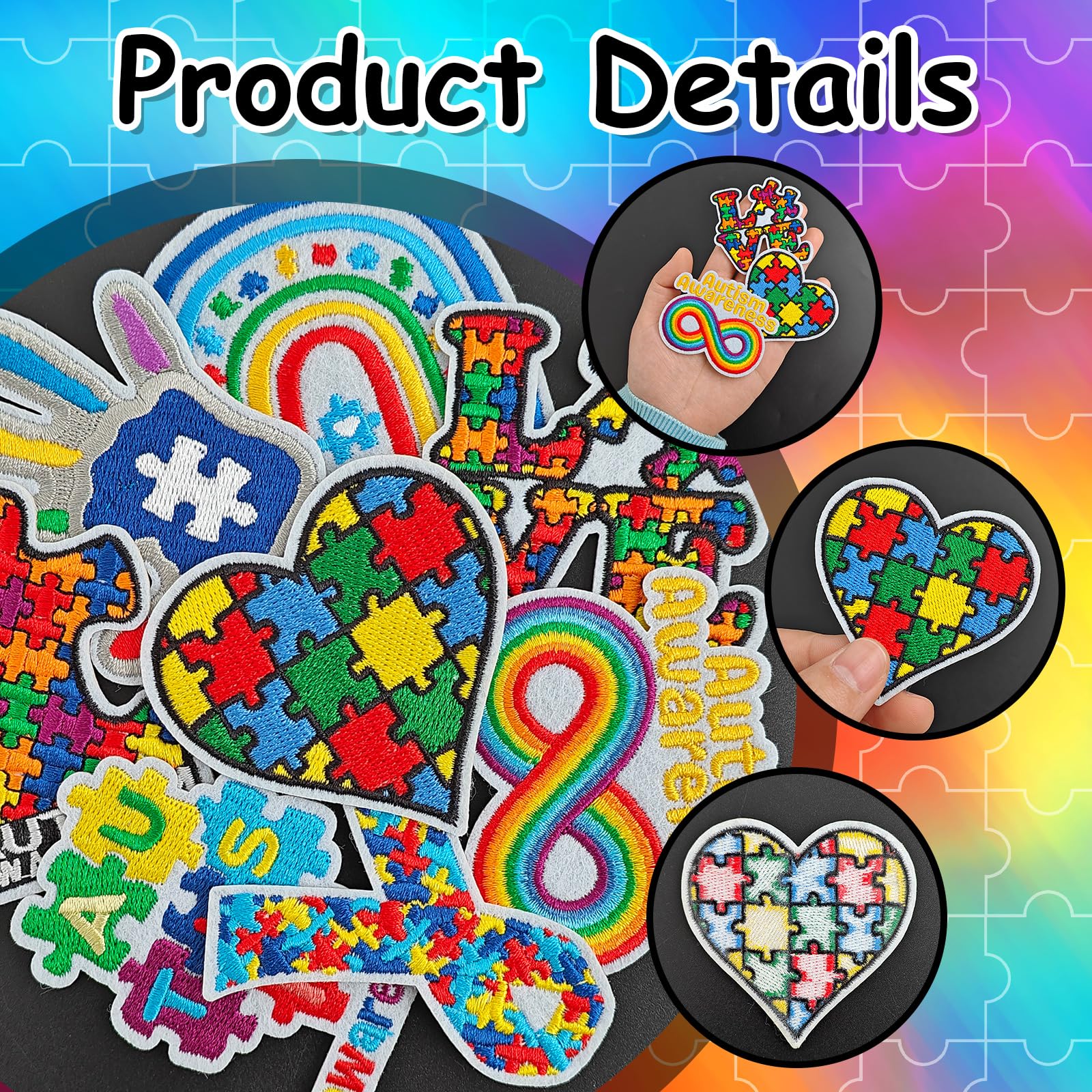 Autism Puzzle Patch Heart-Hands Decorative Iron-On - Multicolor Autism Puzzle Heart Hands – My Store main image 2