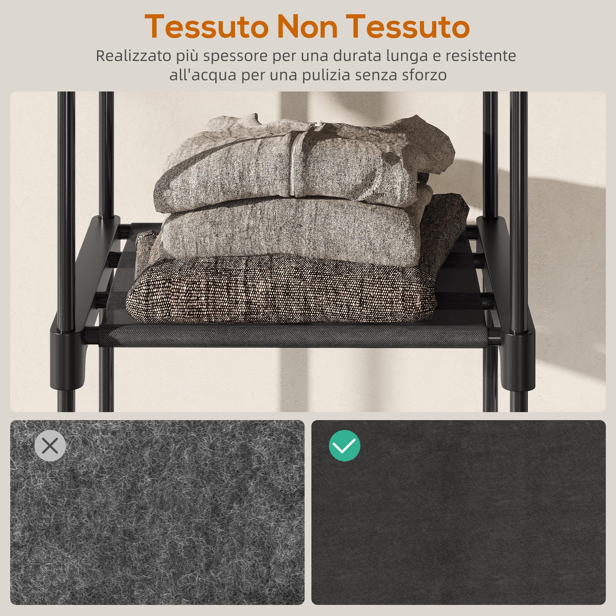 HOMCOM Armadio Guardaroba con 8 Ripiani e 3 Aste per Appendere, Guardaroba in Tessuto non Tessuto, Acciaio e Plastica, 182x43x185 cm, Nero