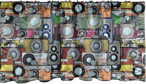 Lunarable Retro Window Valance, Grunge Retro Camera Pattern Cartoon Style Illustration Vintage Technology Design, Curtain Valance for Kitchen