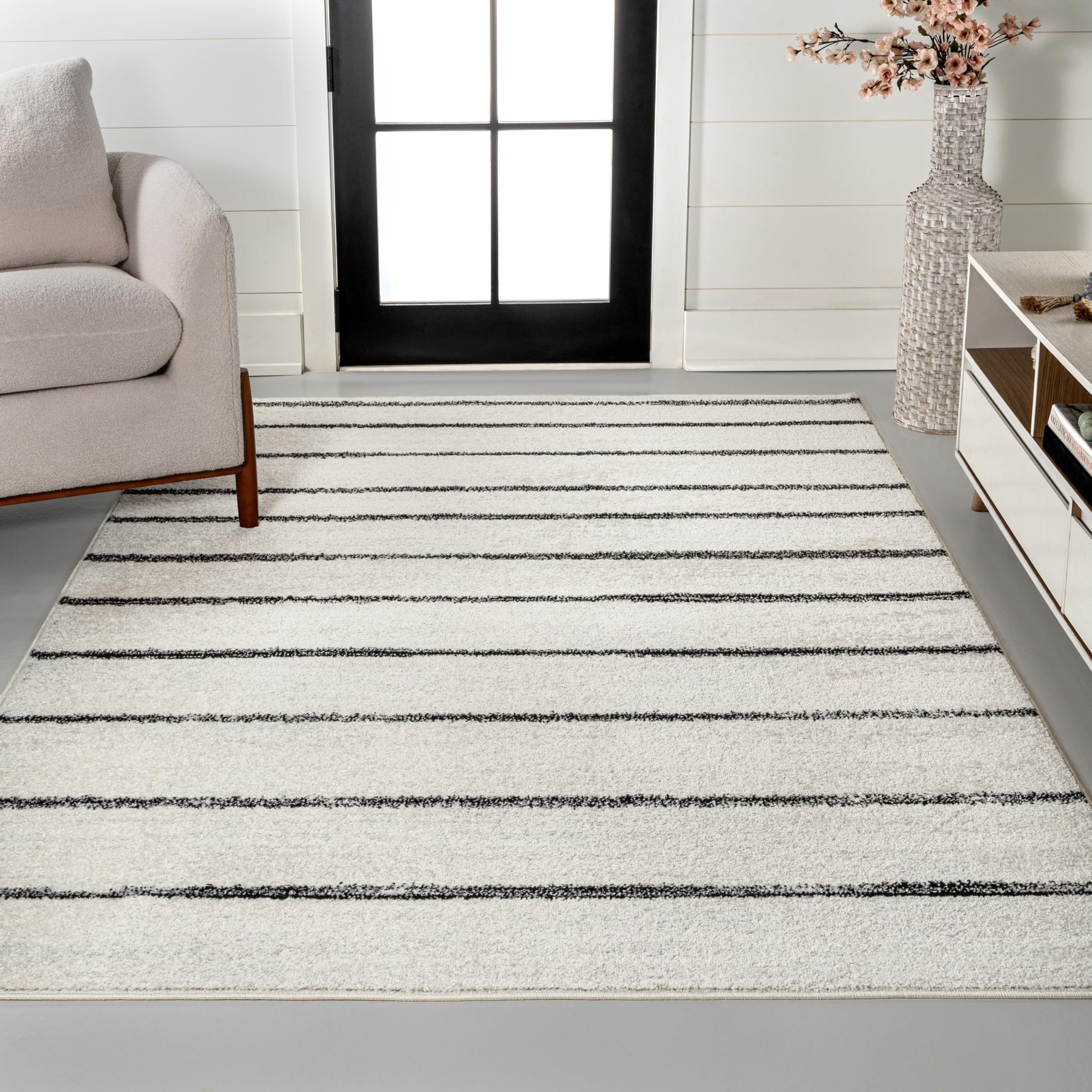 JONATHAN Y MOH201D-8 Williamsburg Minimalist Stripe Area Rug, Contemporary, Modern, Bohemian, Scandinavian, Rustic for Living Room, Dining Room, Bedroom, Kitchen, Cream/Black, 52x213-5-7
