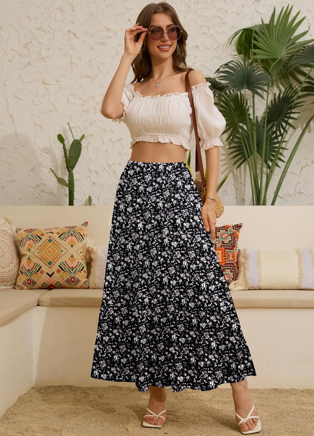 Women's Chiffon White Flowy Maxi Skirts Boho Summer Elastic Waisted Pleated A Line Long Skirt for Women 2026