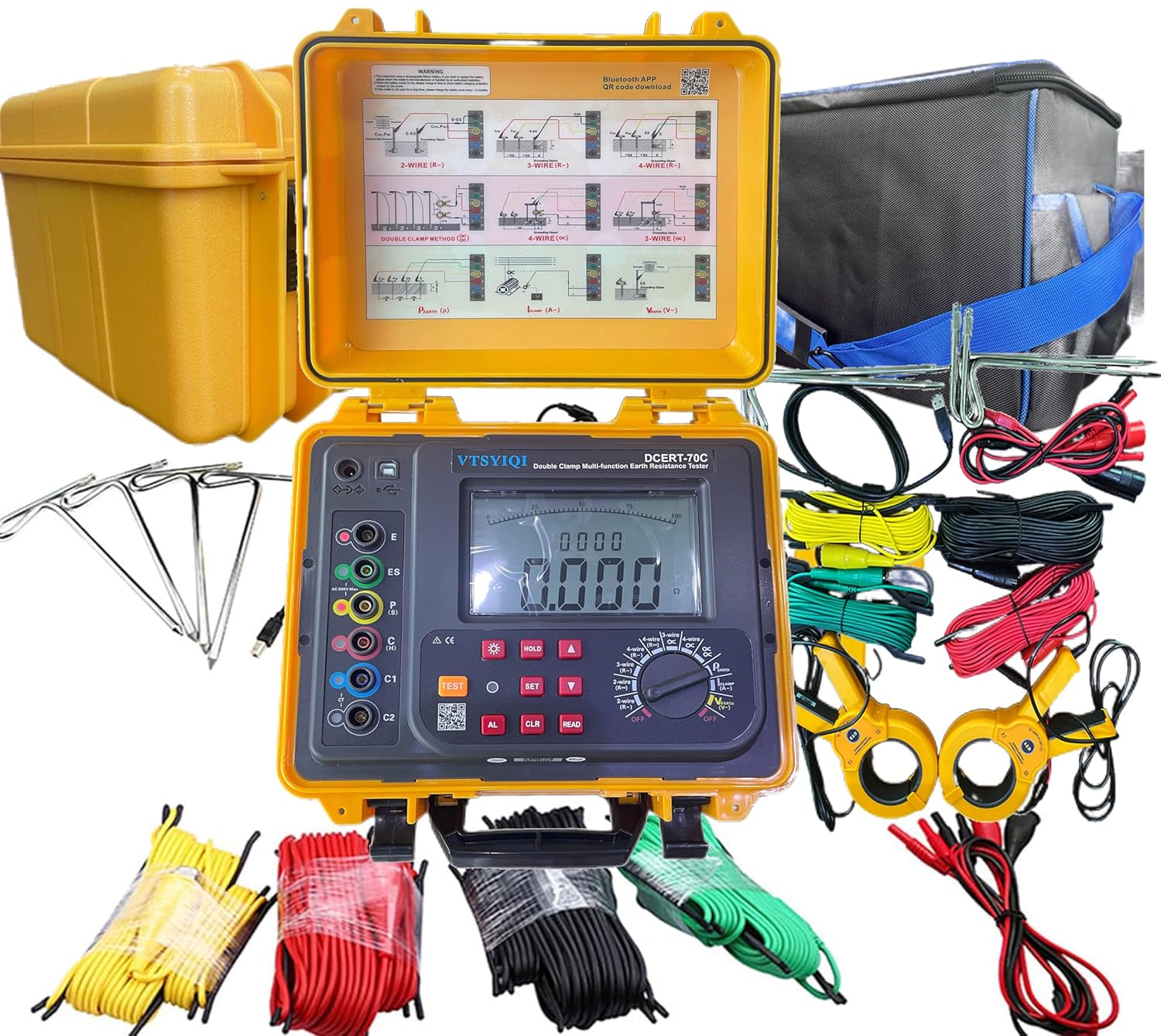 Double Clamp Soil Resistivity Meter Four Wire Ground Resistance Tester with Resistance Range 0.00Ω-30.00kΩ AC Leakage Current 0.00mA-600A Soil Resistivity 0.00Ωm-9000kΩm 2000 Groups Storage