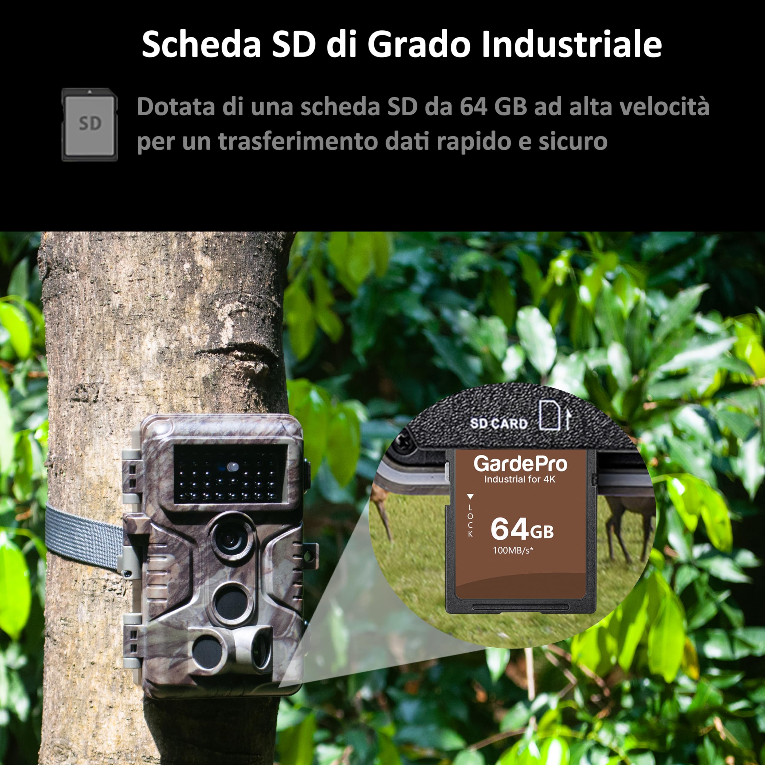 GardePro A3S Fototrappola Infrarossi Invisibili con scheda SD da 64GB 64MP 1296P H.264 Vidéo, 0,1s Tempo di Attivazione Fotocamera da Caccia Visione Notturna Fino a 30m, No-Glow IR LEDs, IP66