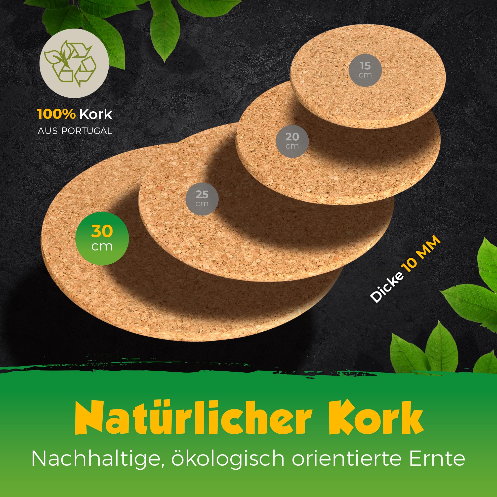 KORK-DEKO Dessous de Verre Liège | Rond Ø30cm| Pour Verre, Bocal, Casserole, Tasse | Support décoratif pour Bricolages| Mini Tableau d’Affichage | Résistant à la Chaleur & Antidérapant - Lot de 4