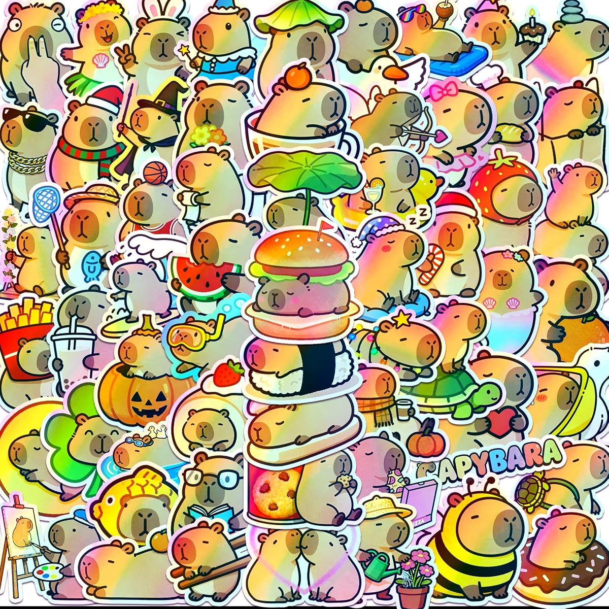 60PCS Holographic Capybara Stickers Cute Vinyl Stickers for Water Bottle | Funny Capybara Stickers for Laptop Luggage Helmet, Waterproof Kawaii Animals Decals, Capybara Party Favors (Holographic)