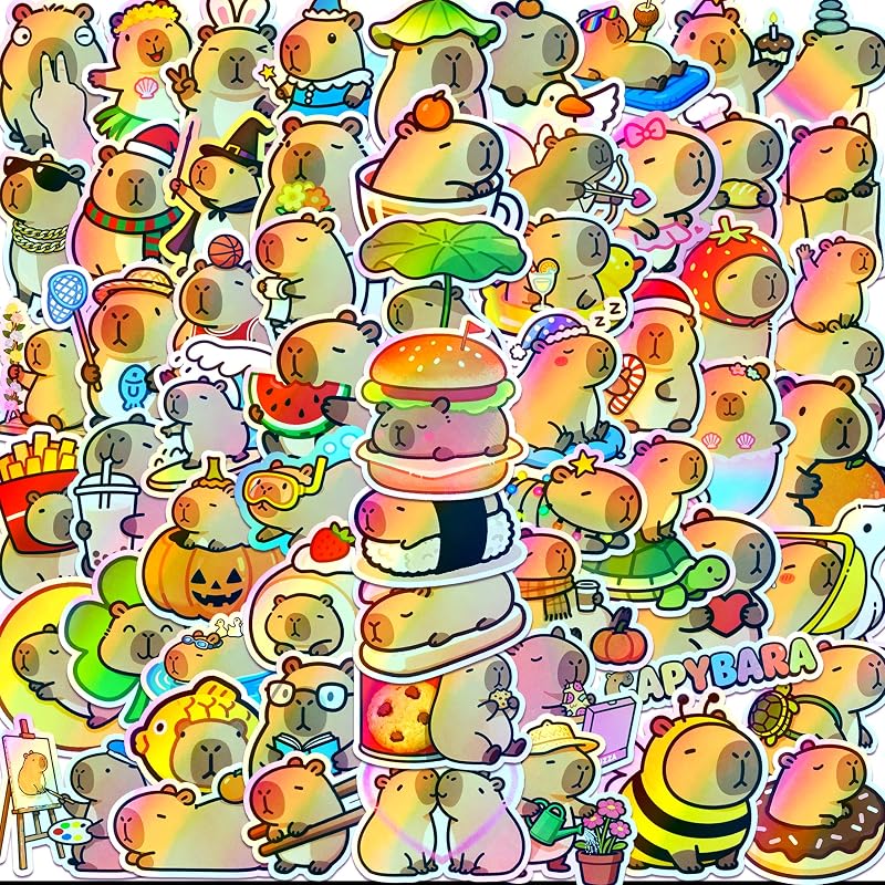 60PCS Holographic Capybara Stickers Cute Vinyl Stickers for Water Bottle | Funny Capybara Stickers for Laptop Luggage Helmet, Waterproof Kawaii Animals Decals, Capybara Party Favors (Holographic)
