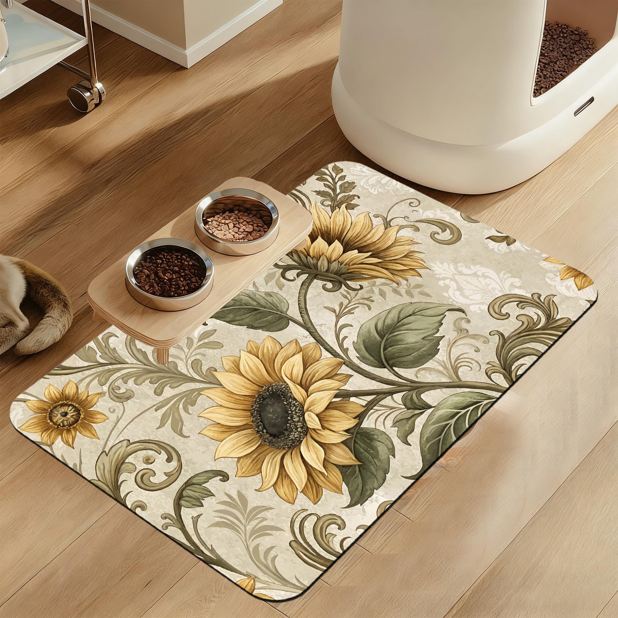 LUTASER Vintage Sunflower Pet Feeding Mat