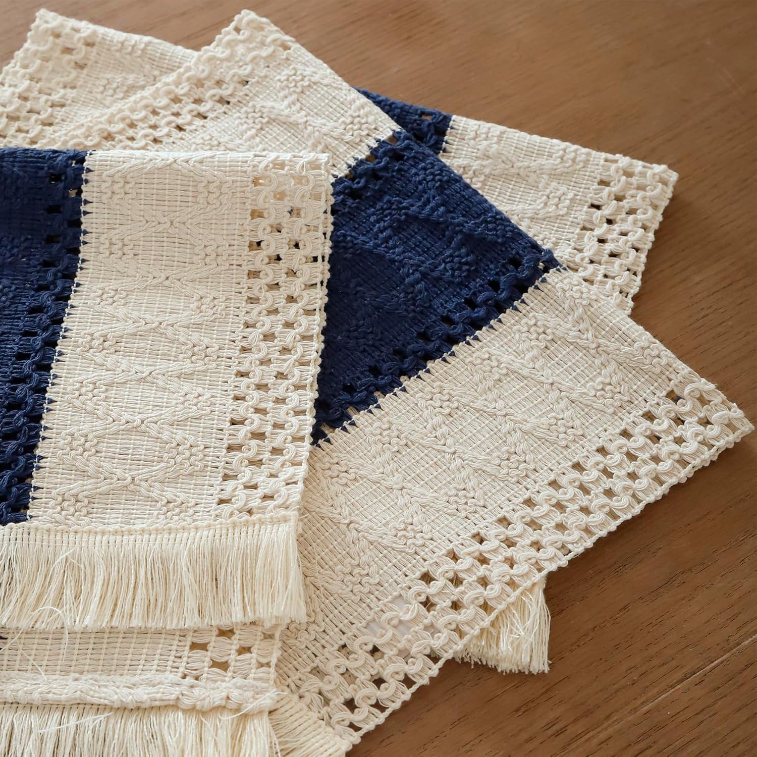 Boho Placemats Set of 6 Macrame Table Decor with Fringe Farmhouse Woven Placemats in Natural Burlap for Kitchen and Dining Table Centerpiece Spring Home Decorations, Navy Blue