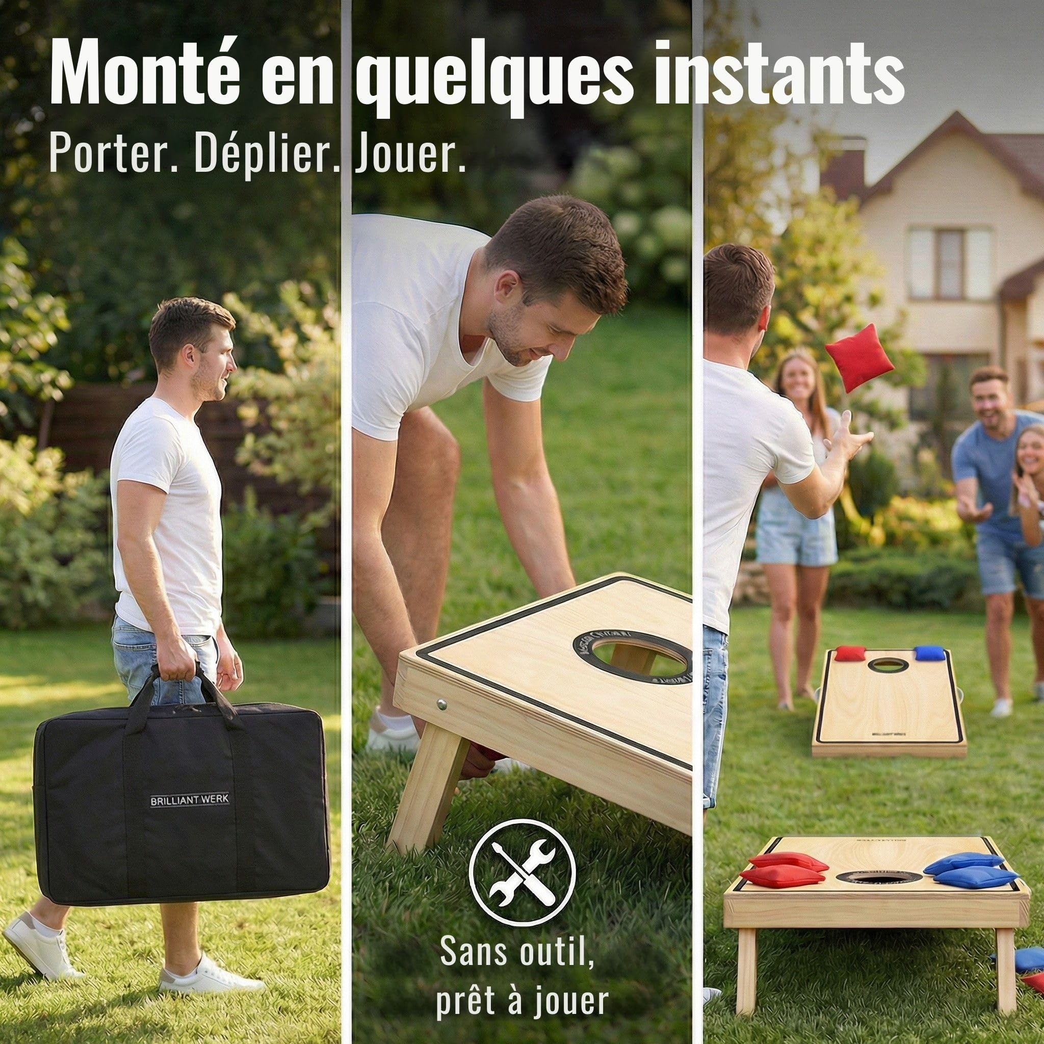 Briliantwerk® Cornhole – Set Complet Officiel en Bois avec 2 Planches, 8 Sacs & Housse | Jeu de Lancer extérieur pour Adultes & Enfants – Idéal Jardin & Plage