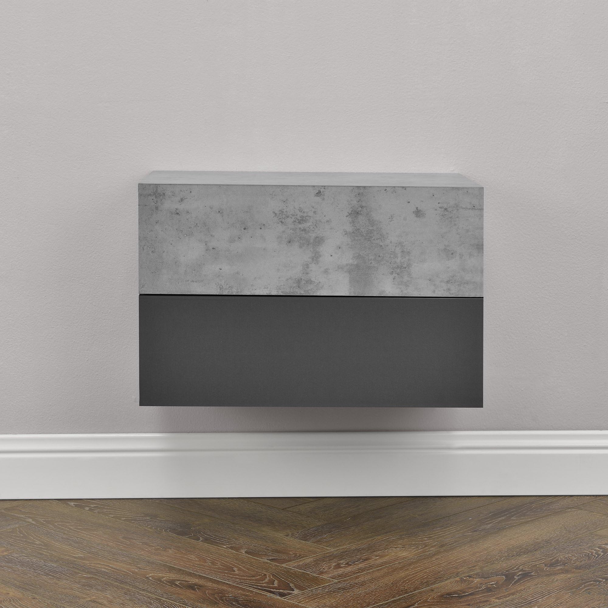 [en.casa] Oslo Wall Shelves with Drawer Set of 2, Industrial Style, Concrete Look/Dark Grey, 46x30x15cm