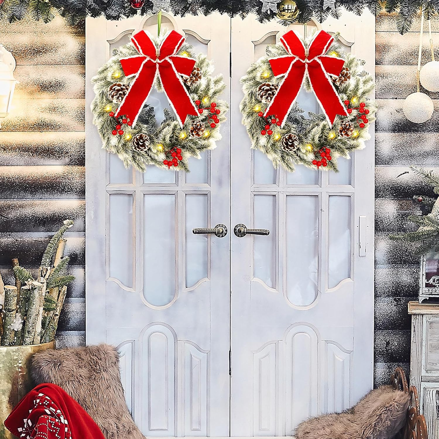 Giegxin 2 Pcs Christmas Lighted Wreath with Pinecones Red Berries Snowflake Decor and Large Red Bowknot Christmas Outdoor Wreath with LED Warm Lights for Xmas Winter Holidays Decoration (Elegant)