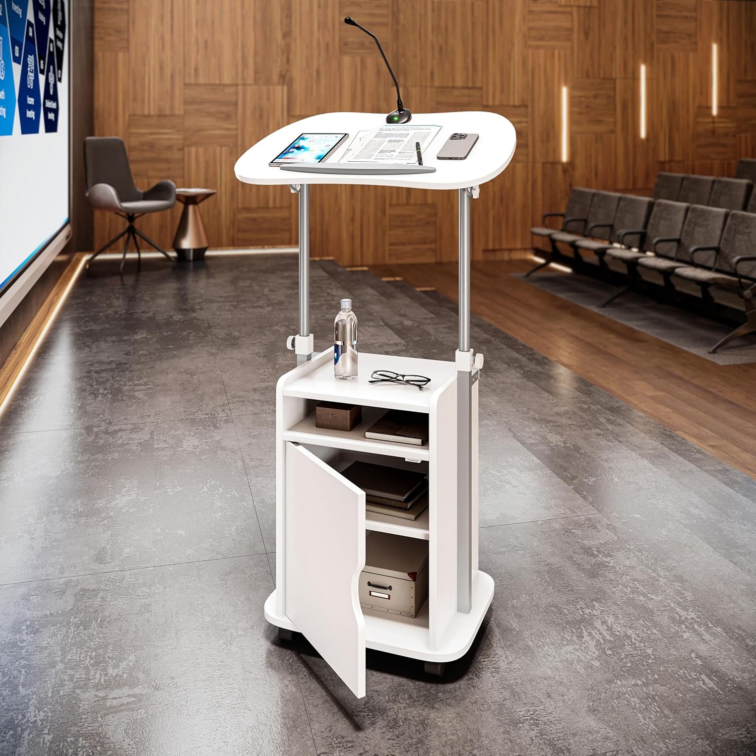 Techni Mobili Adjustable Laptop Cart with Storage, Rolling Mobile Workstation Desk with Cabinet, Shelf & Locking Wheels. Height Adjustable Sit to Stand for Home Office, Bedside, or Classroom (White)