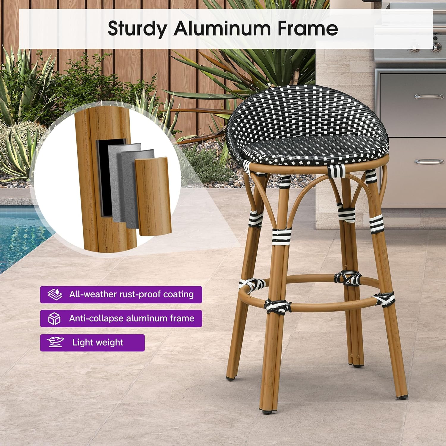 PURPLE LEAF Patio Oversized Backrest Bar Height Stool Set of 1 Outdoor Round Barstools Aluminum Frame in Bamboo Finish Woven Rattan for Indoor Kitchen Dining Bistros Cafe Restaurant Black