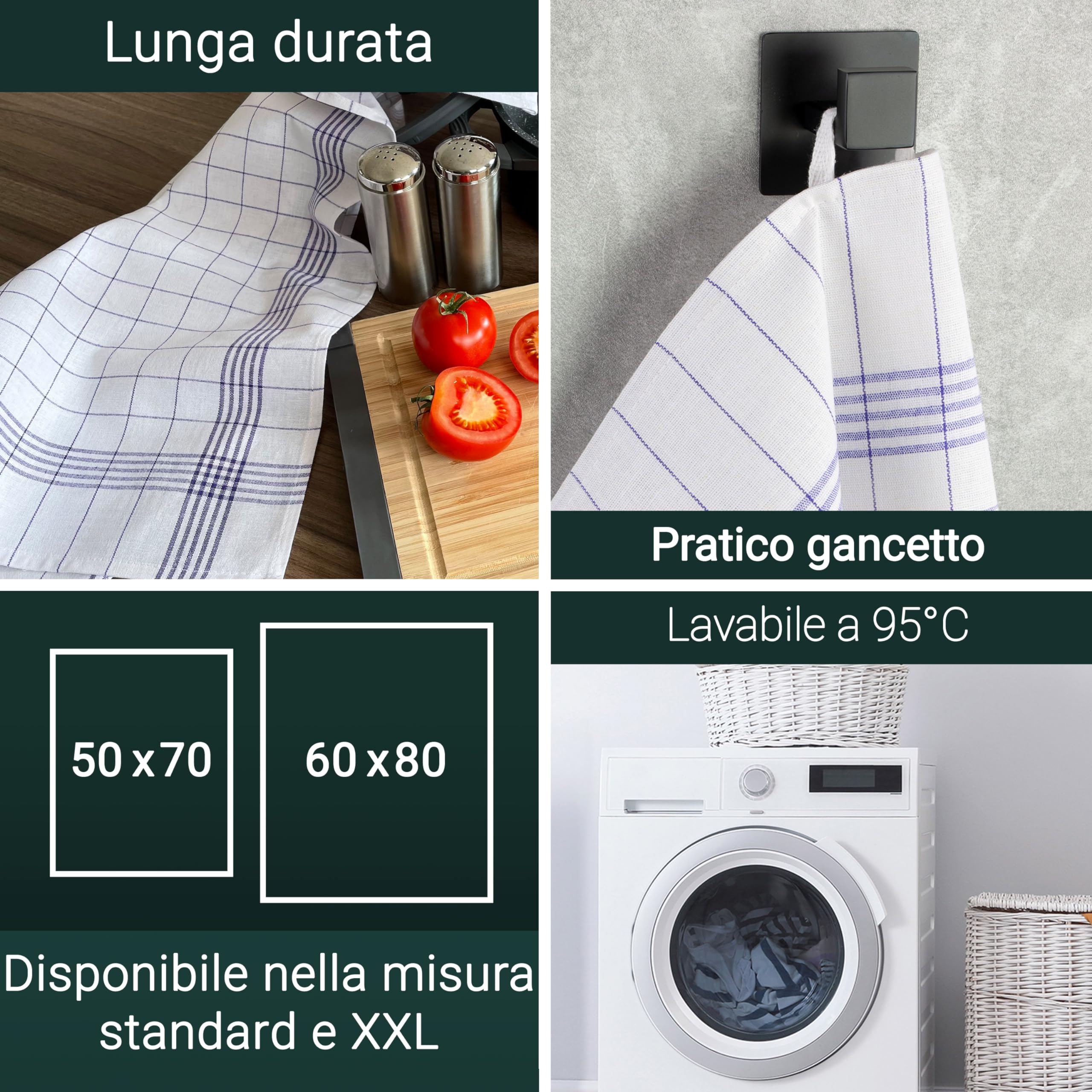 ZOLLNER 12 strofinacci, cotone-lino, 50x70 cm, super assorbenti, senza pelucchi - lavabili a 95°C - a quadri blu e bianchi - qualità gasdtronomica - certificato Oeko Tex®
