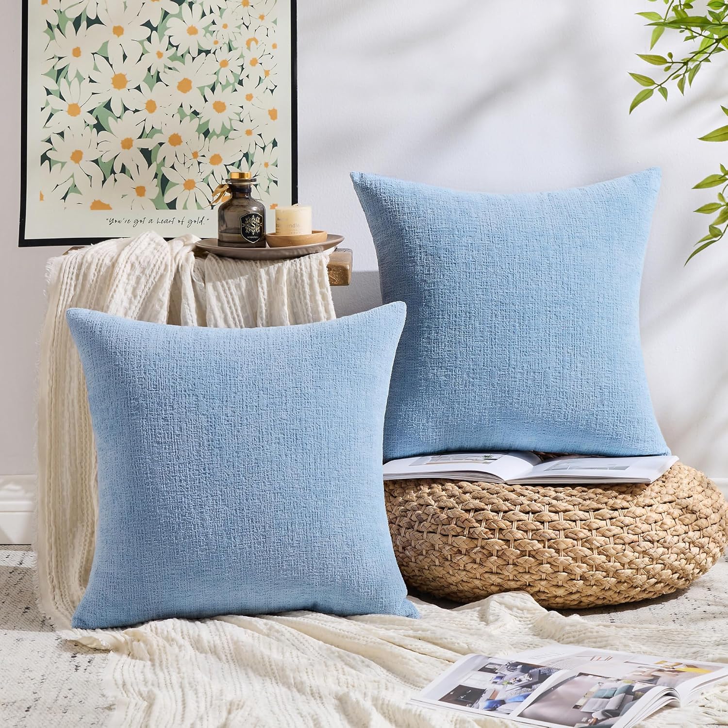 GAWAMAY Set of 2 Soft Textured Chenille Throw Pillow Covers 26x26 Inch (66x66 CM), Decorative Pillowcases Cushion Covers for Farmhouse Home Decor, Couch Living Room Sofa Bedroom Chair, Light Blue