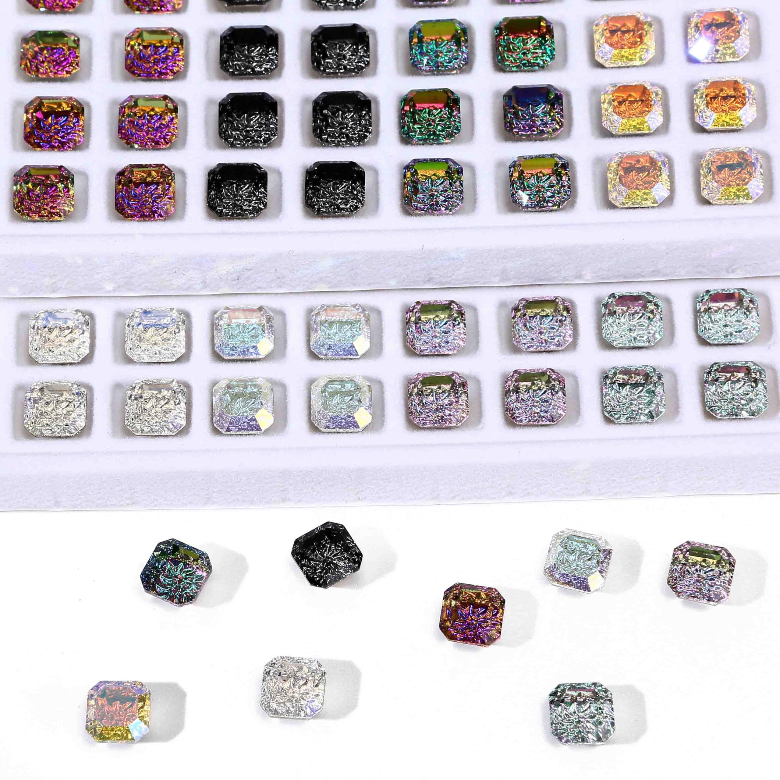 8mm Square Flatback Rhinestones,Radiating Embossed Design, DIY Nail Decorations Phone Cases and Craft Projects (10 for eEach of 8 Colors)