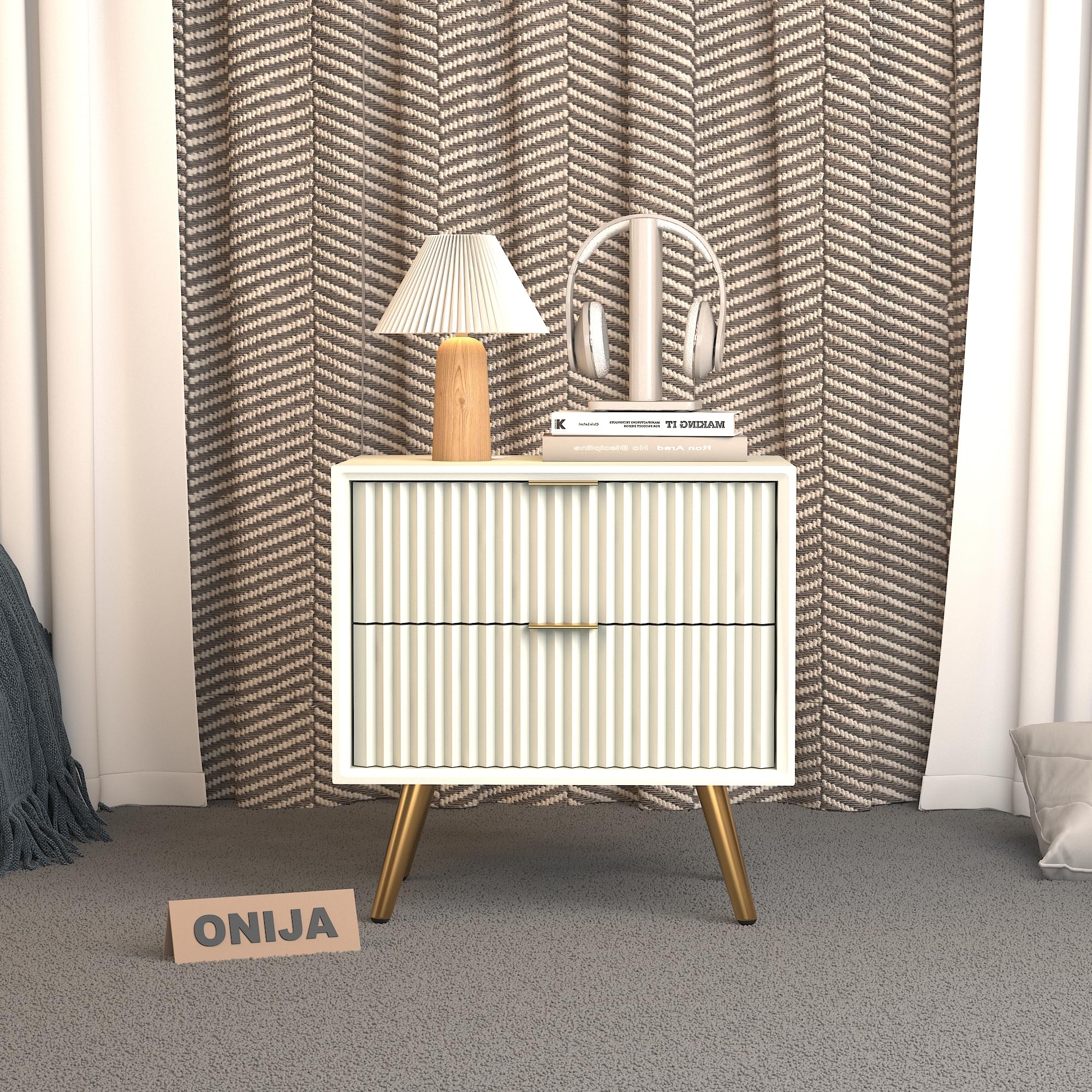 ONIJA Wooden Bedside Table for Bedroom Wooden Bed Side Nightstand Lamp Table with 2 Drawers & Open Shelf Storage for Home & Hotels HDMR Premium Wood & Iron Legs (White)-image-14