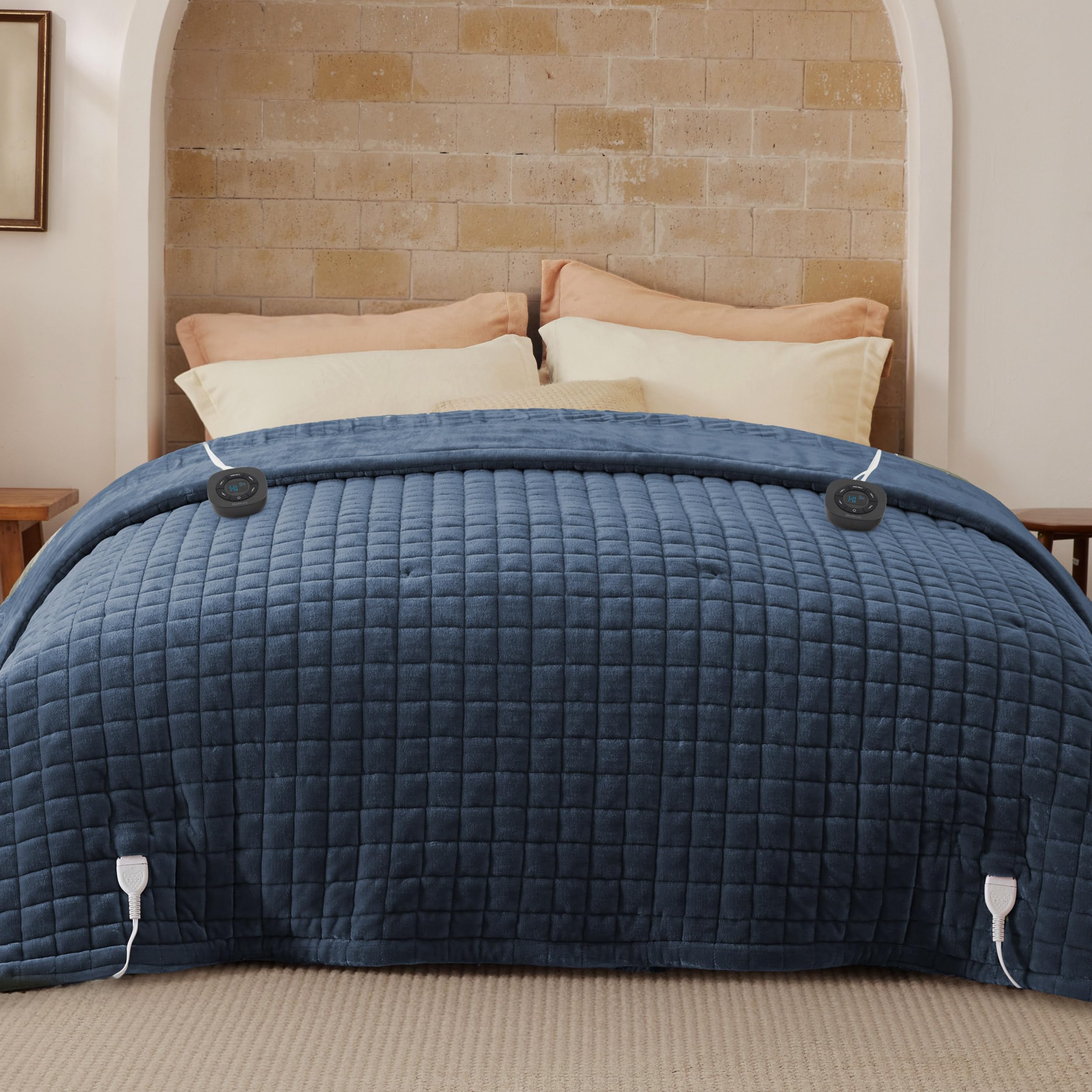 Bedsure Box Quilted Heated Blanket Queen, Thick Electric Blanket, Blue