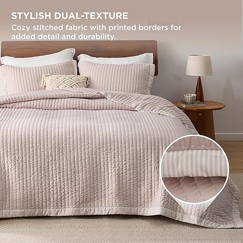 Miniatura 2 de Bedsure Colcha rosa tamaño Queen  Juego de ropa de cama ligero y suave para todas las estaciones, juego de edredón con patrón de pana, 3 piezas, 1