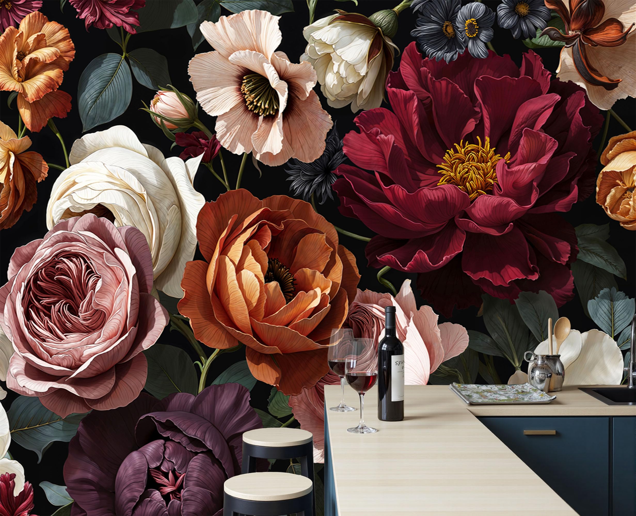 Papier peint panoramique pivoine 350x256 cm multicolore rétro