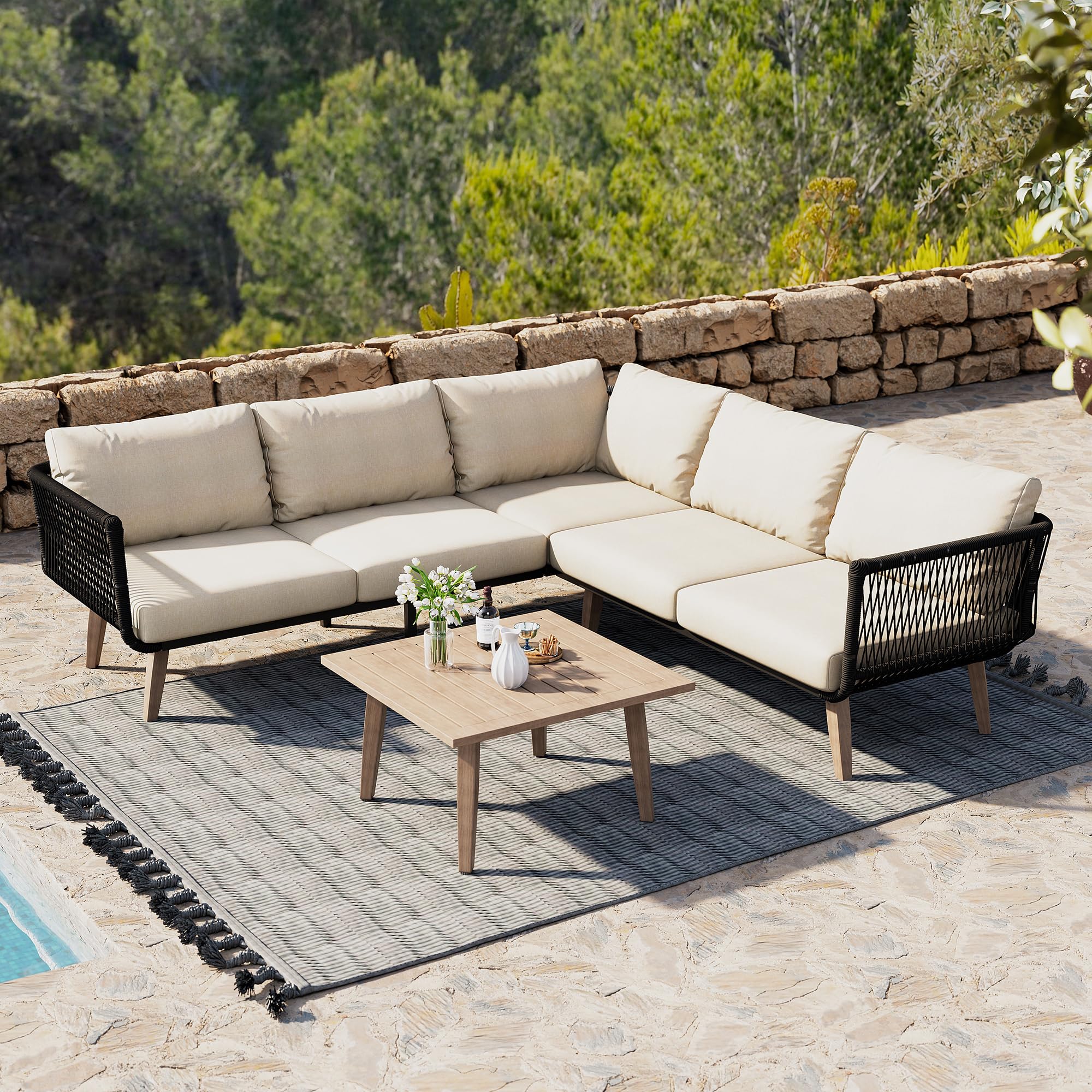 Merax Gartenmöbel-Set mit Sofa & Couchtisch, Outdoor Lounge-Set aus verzinktem Stahl, Olefin-Polster & geflochtenem Seil, Tischplatte in Holzoptik für Garten, Terrasse & Balkon, Beige + Schwarz