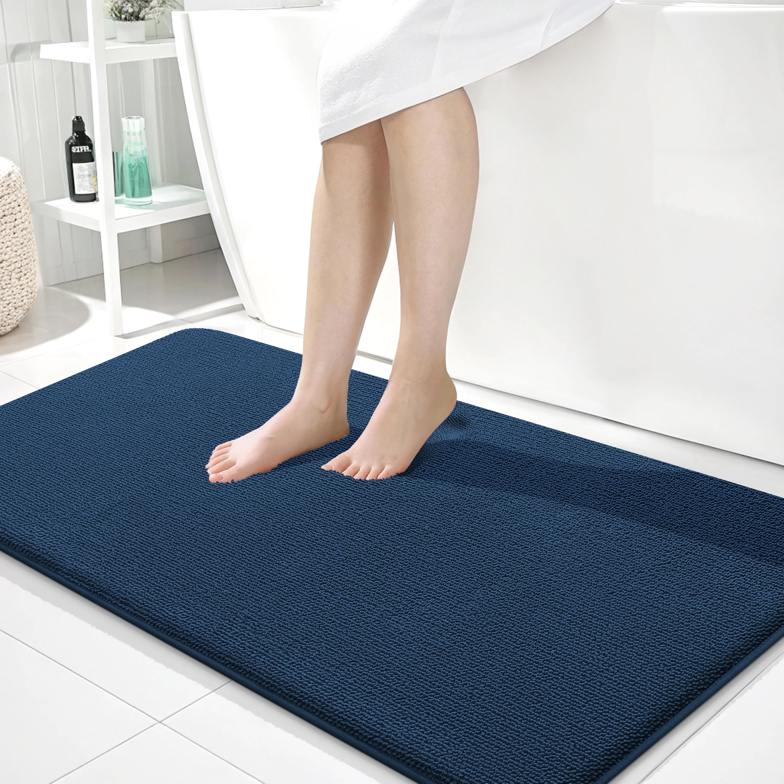 OLANLY Memory Foam Bathroom Runner Rug 44x24, Absorbent Long Bath Mat, Navy