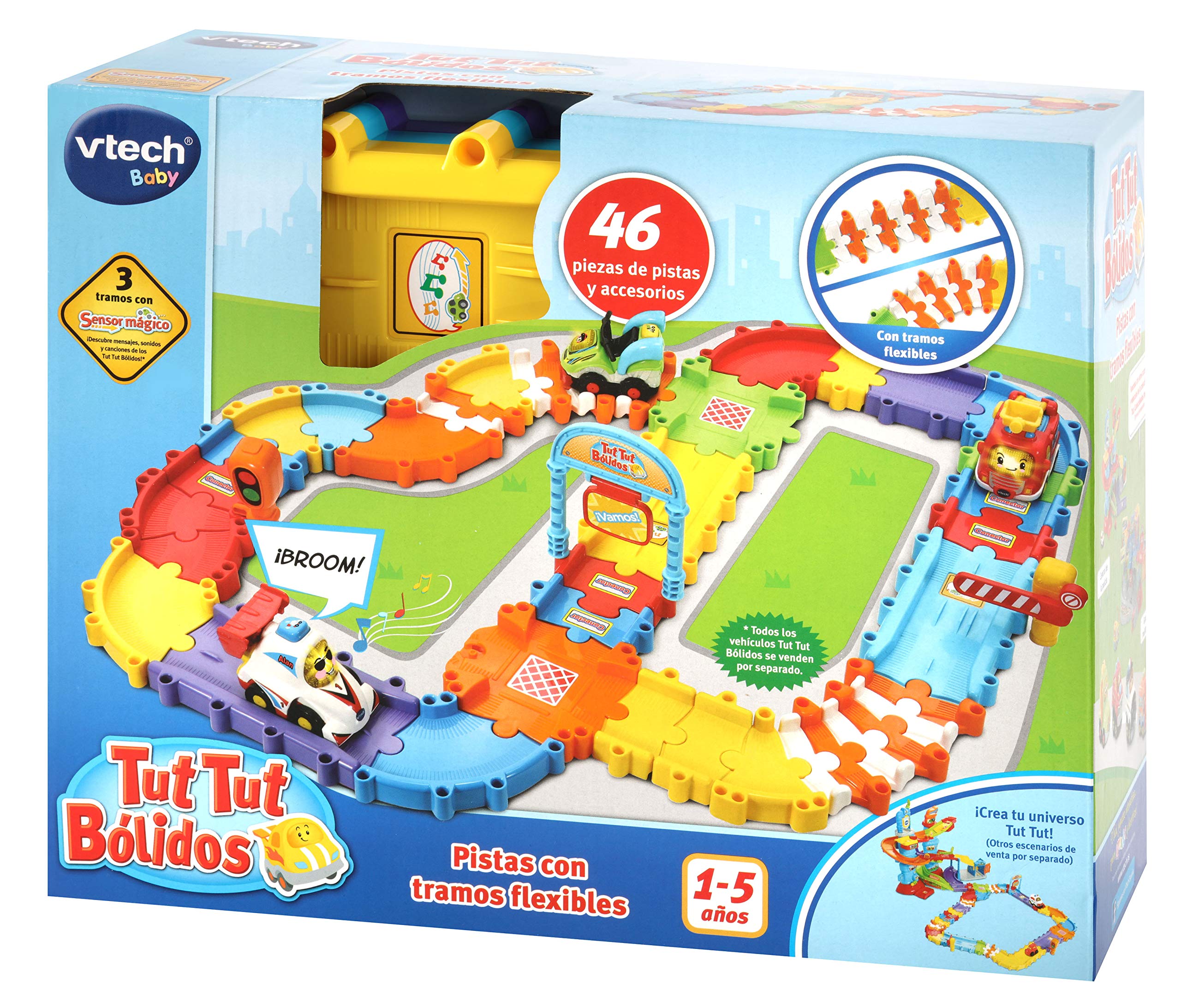 VTech - Pistas con tramos Flexibles TutTut Bólidos, Set de Piezas Flexibles para Formar más de 6 circuitos Diferentes, se Pueden conectar con el Resto de playsets TutTut (3480-524422)