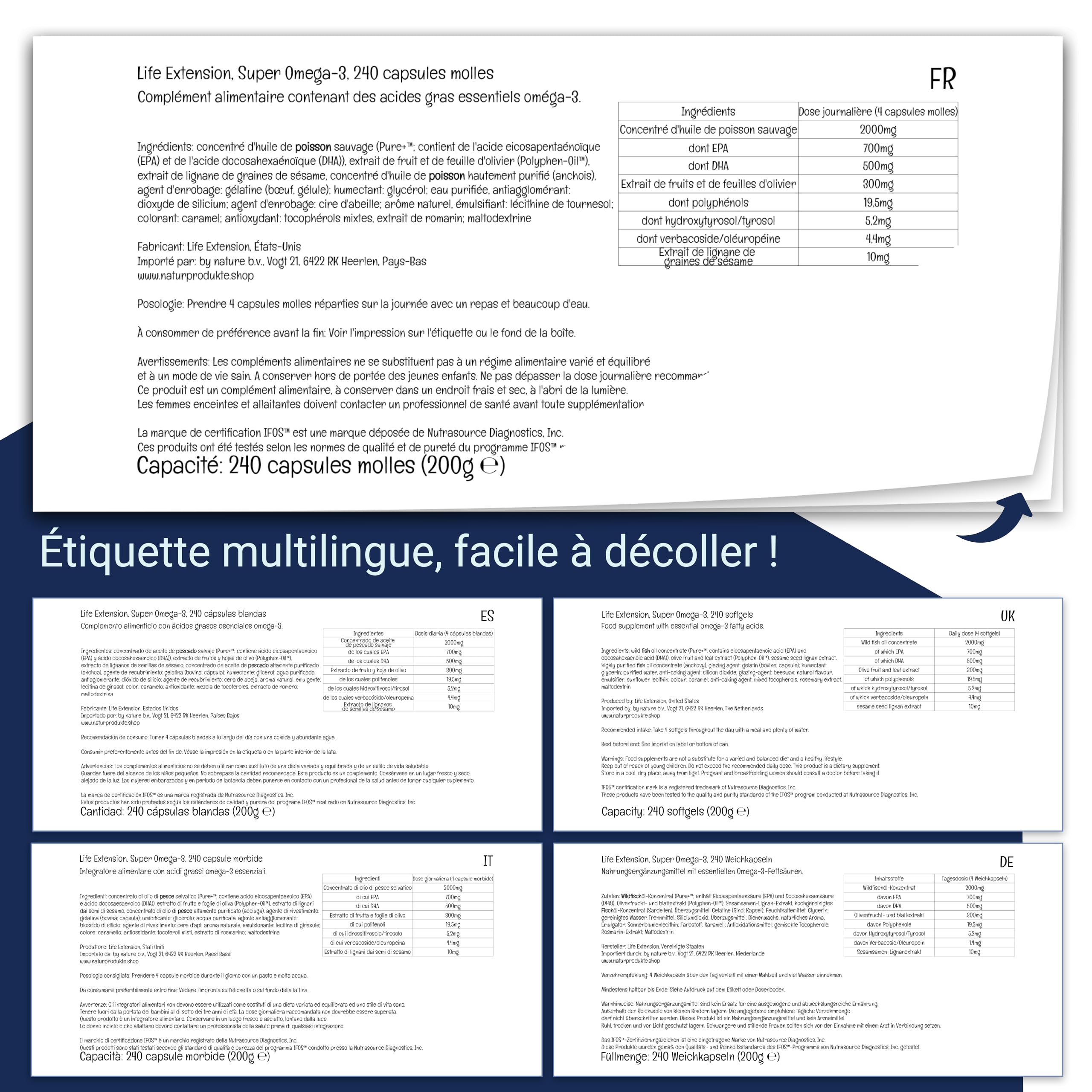 Life Extension, Super Omega-3, avec Huile de Poisson et Acides Gras Essentiels, Hautement Dosé, 240 Capsules molles, Sans Gluten, Sans Soja, Sans OGM