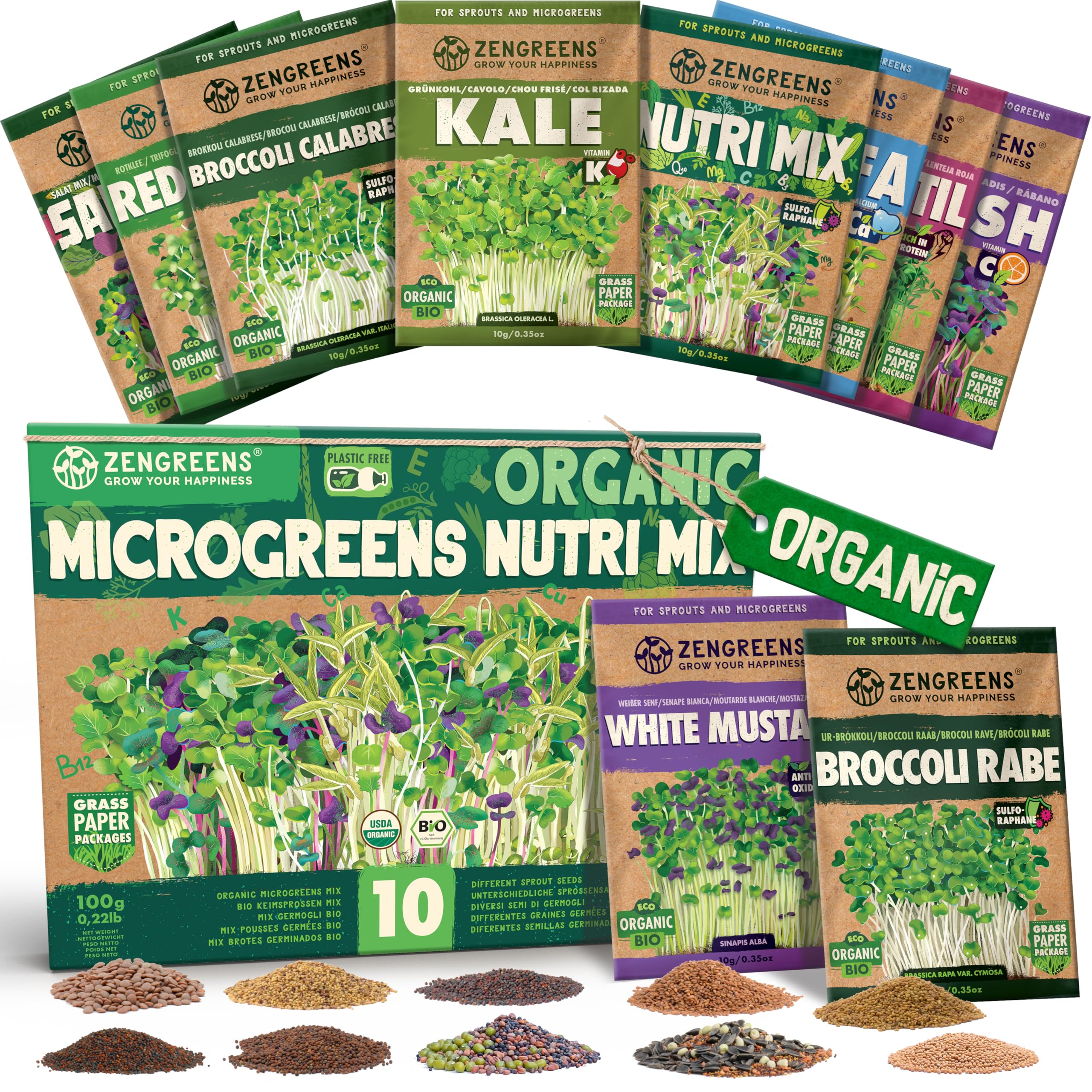 Kit Microgreens LERAVA Bio - 6 Variétés De Graines à Germer + Tapis Chanvre - Cresson, Radis, Brocoli, Roquette, Pois