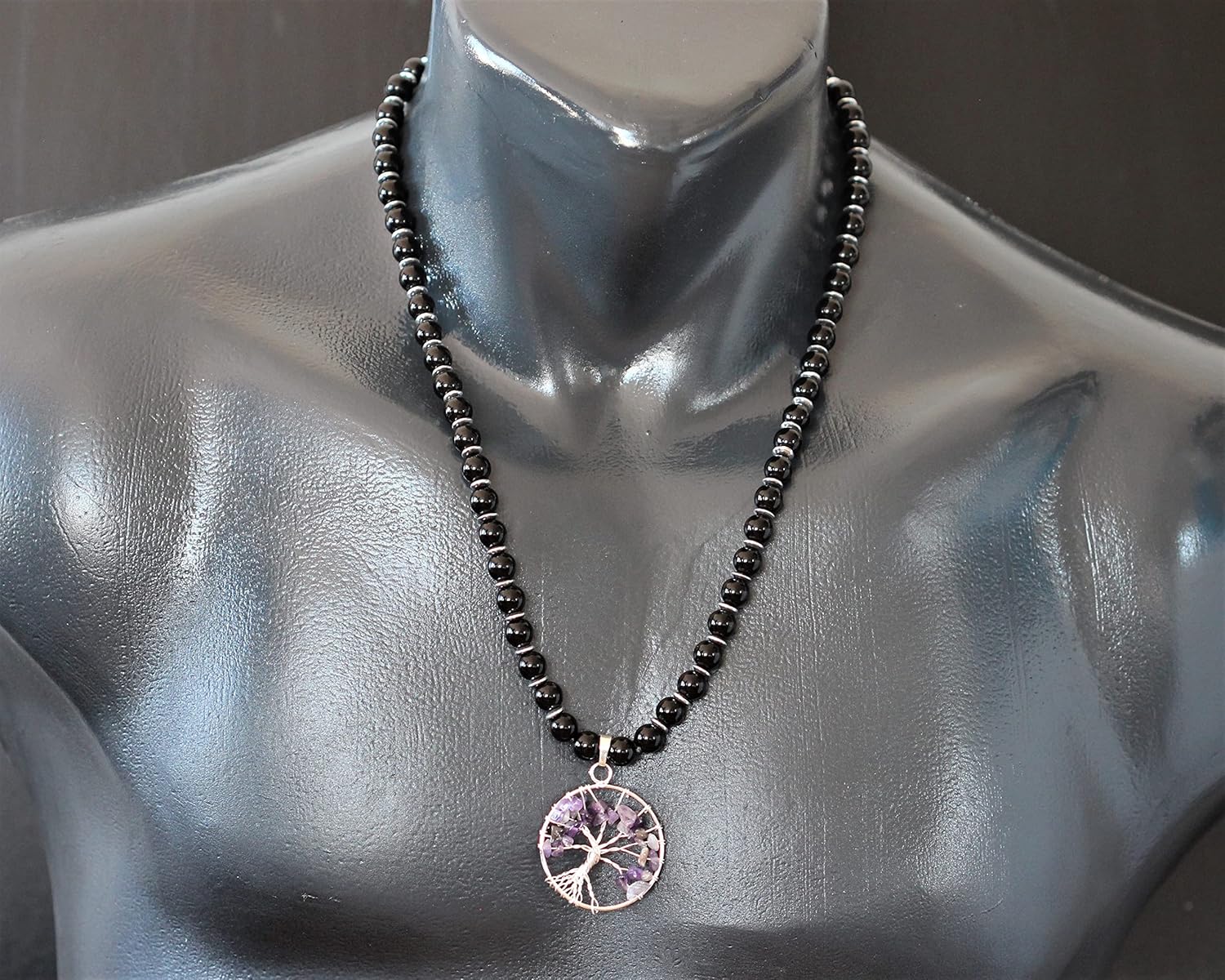 ElisaJewelryArt - Natural Tiger Eye Tree Of Life Pendant Natural Black Onyx Beaded Necklace Genuine Gemstone Fear Stone Clasp Closure Necklace Unisex Necklace - Image 3