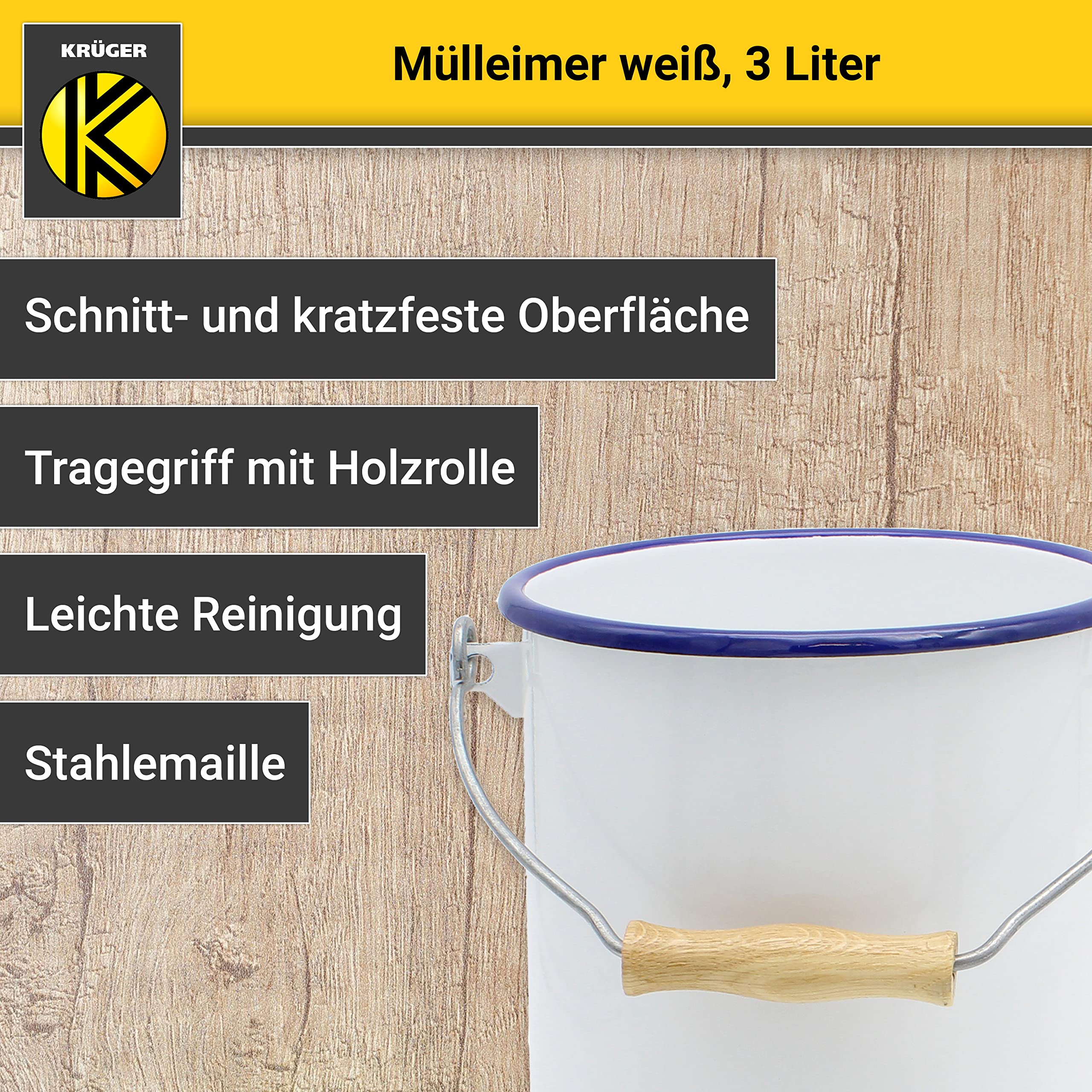 KRÜGER Mülleimer mit Deckel - Stahl Abfalleimer mit Emaille-Beschichtung und Holzgriff - schnitt- und kratzfeste Oberfläche - langlebig und vielseitig einsetzbar (3 Liter, weiß)