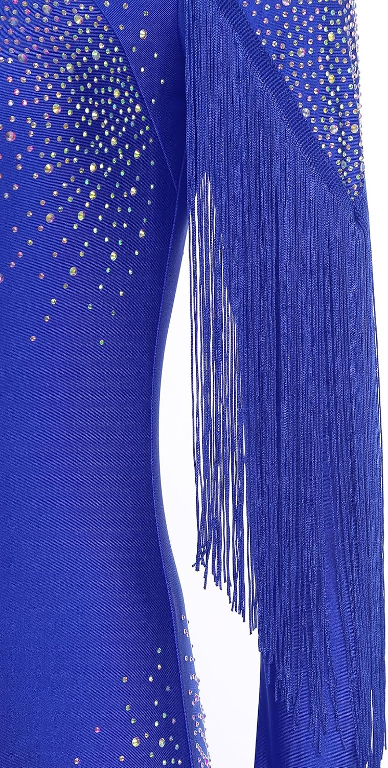 Women Long Sleeve Tassel Romper Performance Costume Sparkle Rhinestone One Piece Figure Skating Jumpsuit