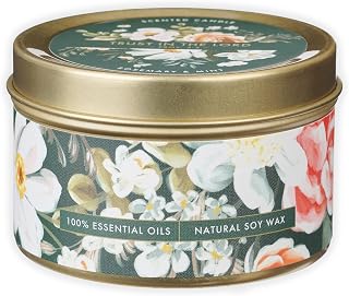 Christian Art Gifts Natural Soy Wax Scented Novelty Candle: Trust in The Lord Scripture, Dark Green Multicolor Floral, Gold Metal Tin & Lid, Pure Essential Oils, Lead-Free Wick, Rosemary & Mint Scent